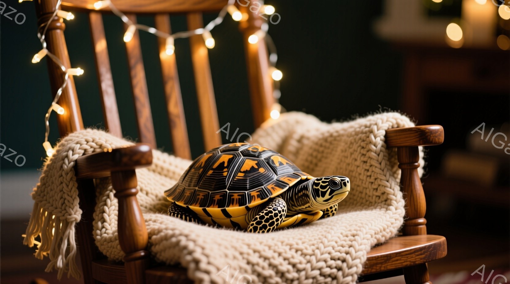 明るい木のロッキングチェアに、甲羅に美しい模様が入った大きなカメが座っています。ロッキングチェアには、クリーム色のざっくりとした編み物のブランケットが敷かれており、カメの座る場所を温かく快適にしています。背景は暗く、暖色系の小さな光がぼんやりと光っており、カメを中心とした柔らかな雰囲気を作り出しています。