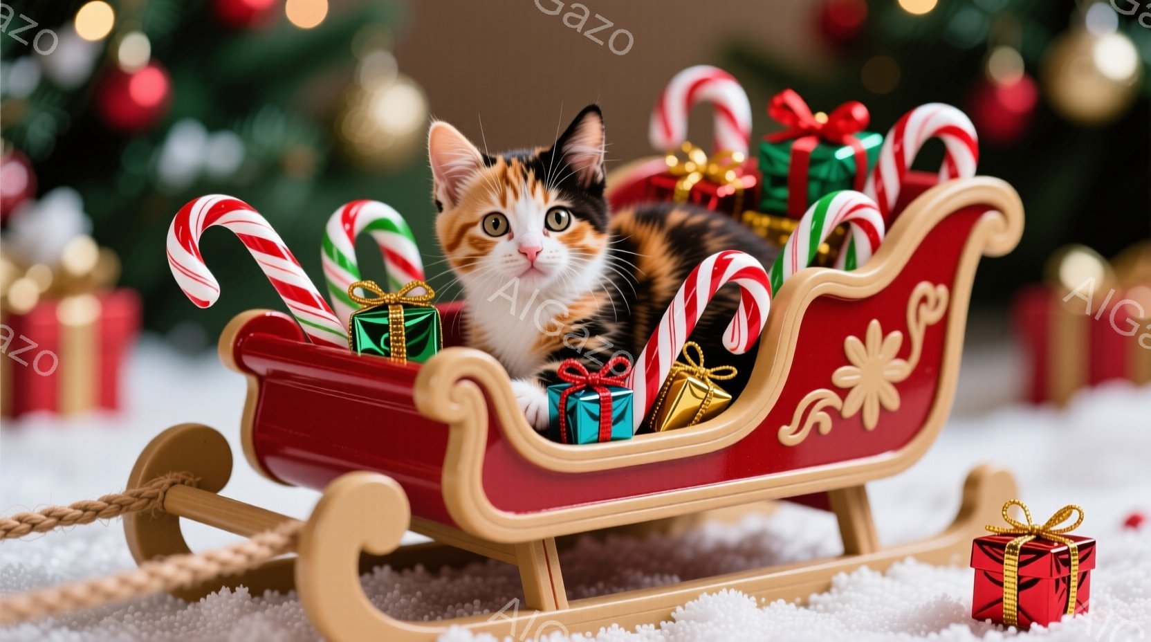 白と茶色のまだら模様の小さな子猫が、赤いそりに可愛らしく座っています。そりの中には緑と金の包装紙で飾られた小さなプレゼントがいくつか置かれており、周りにはキャンディケーンが飾られています。背景にはクリスマスツリーがぼんやりと見え、雪が降っているような白い背景が、温かく幸せなクリスマスの雰囲気を醸し出しています。
