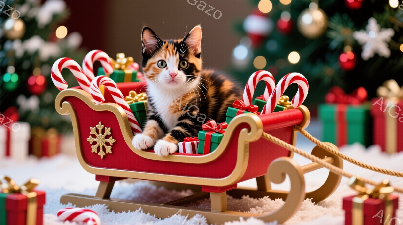 白、黒、オレンジ色の毛並みを持つ子猫が、赤いそりに座ってこちらを見ています。そりはキャンディケーンと緑色のリボンで飾られ、小さなプレゼントの箱が周りに置かれています。背景にはクリスマスツリーがぼやけて - AI生成フリー素材