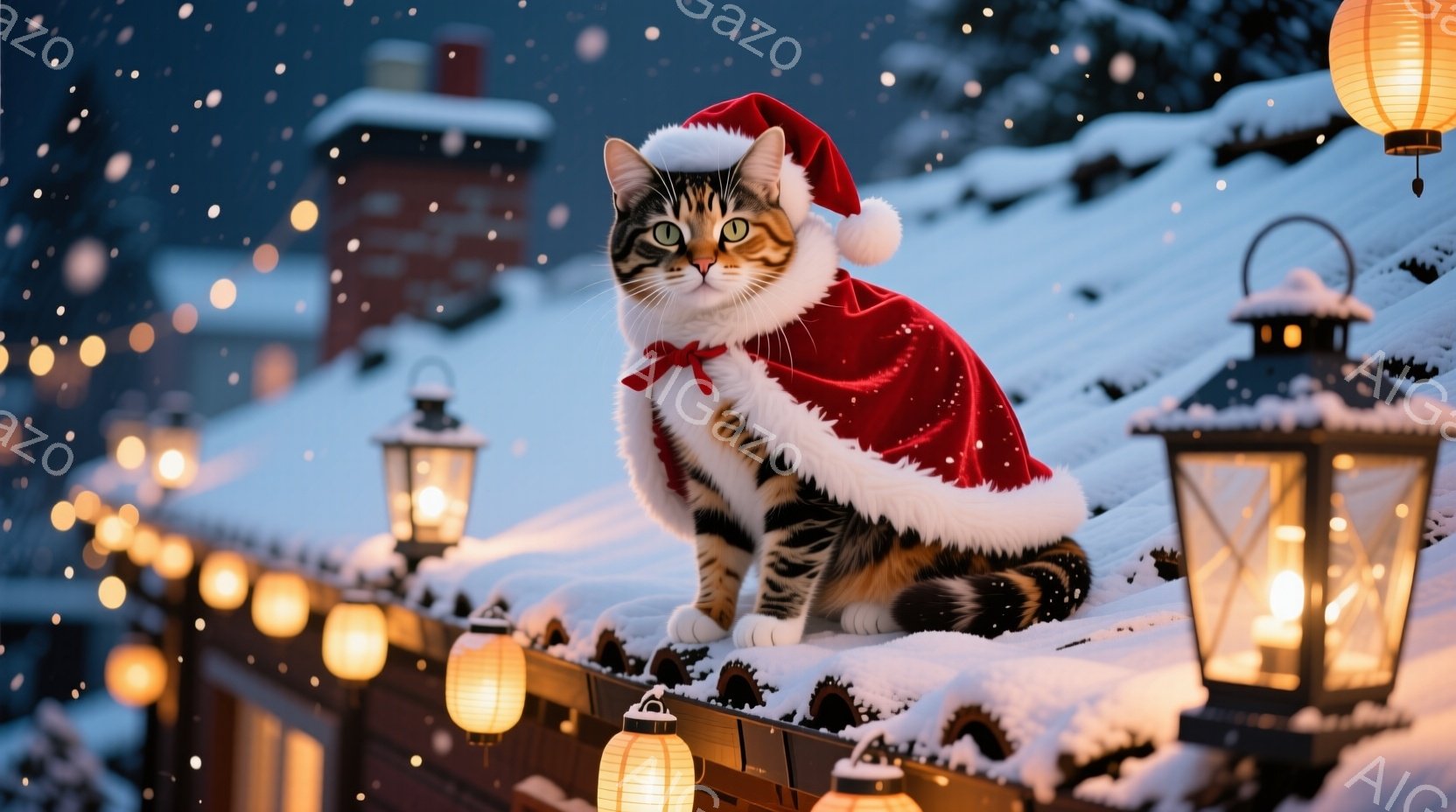 この、雪が降っている末日の夜、屋根上に座ったショートヘアカラーファンタスティックキャット。彼女は赤と白のパイリュウで、犬のような顔をしており、怒りのような表情をしています。背景には、屋根上のランプがあり、雪が降っているという寒々しい雰囲気が漂っています。