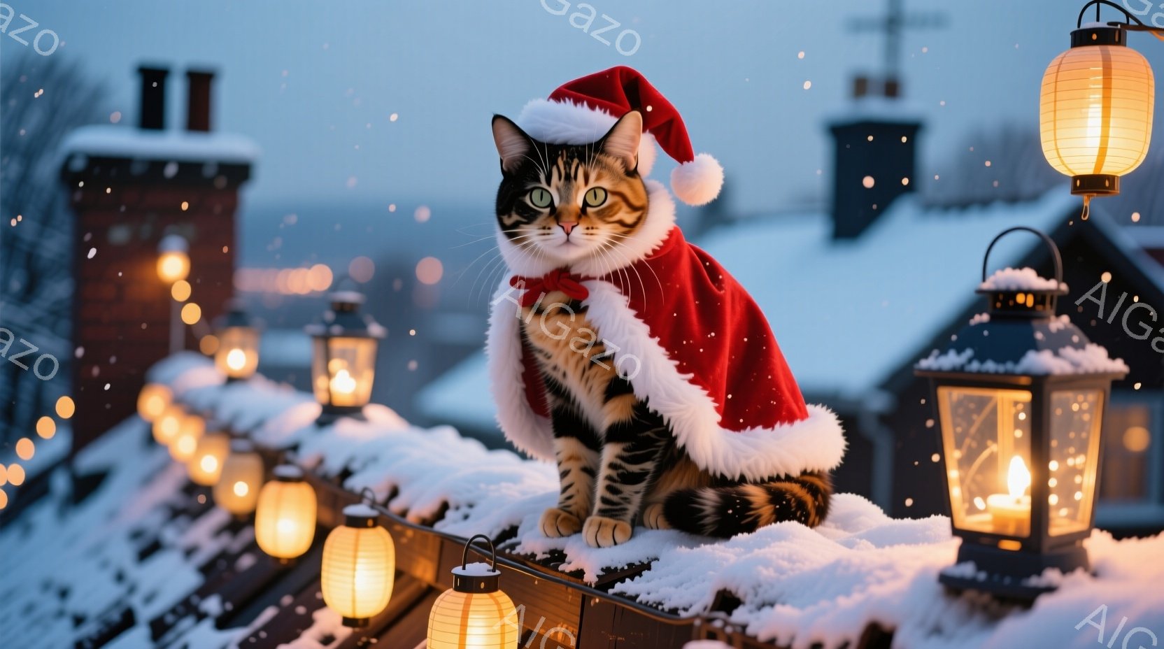 雪が降り積もる屋根の上で、サンタの帽子とマフラーを身に着けた縞模様の猫が座っています。猫は正面を見ており、穏やかで少しいたずらっぽい表情をしています。背景には、雪景色の中に家々が点在し、暖かく光るラン - AI生成フリー素材