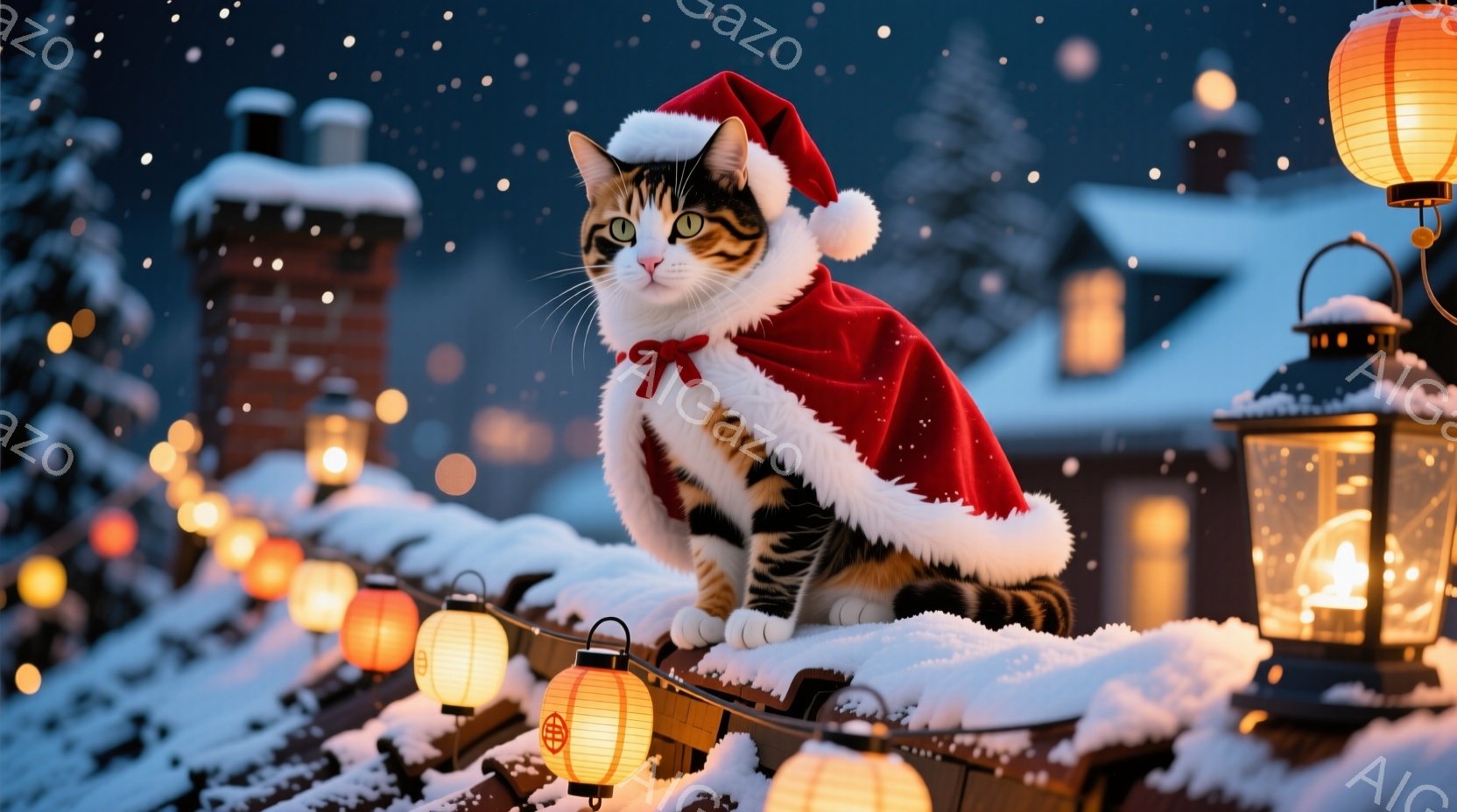 屋根の上に、サンタクロースの帽子とマントを着た猫が座っています。猫は前方を向いており、緑色の瞳がはっきりと見え、落ち着いた表情をしています。背景には雪で覆われた屋根、煙突、そして点灯したランタンが並び - AI生成フリー素材
