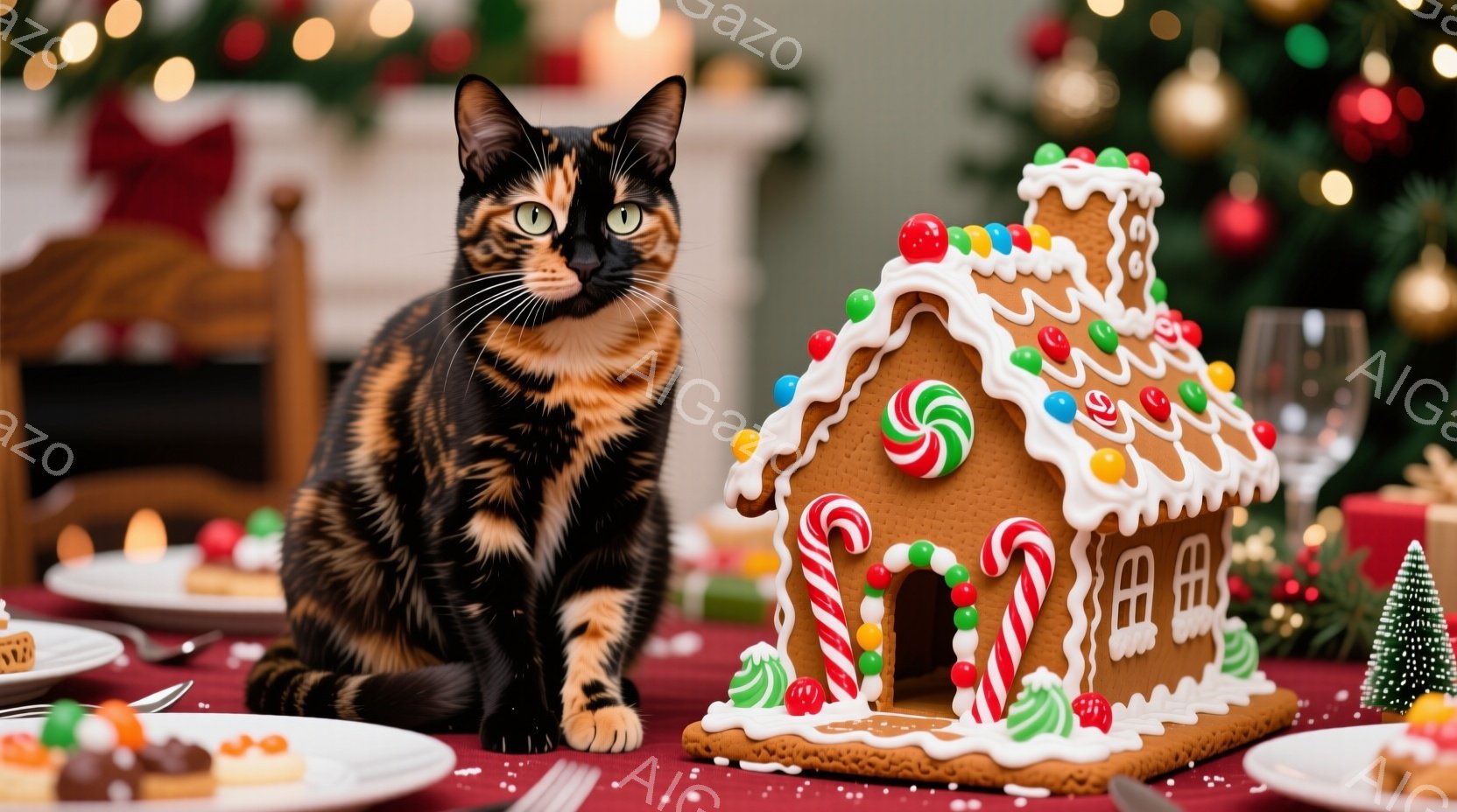 黒とオレンジの模様を持つ猫が、テーブルの上に座って正面を見つめています。背景にはクリスマスツリーや料理が配置され、暖かくお祝いムードの食卓が広がっています。ジンジャーブレッドハウスが猫の隣にあり、お菓子やクリスマスデコレーションで華やかさを添えています。