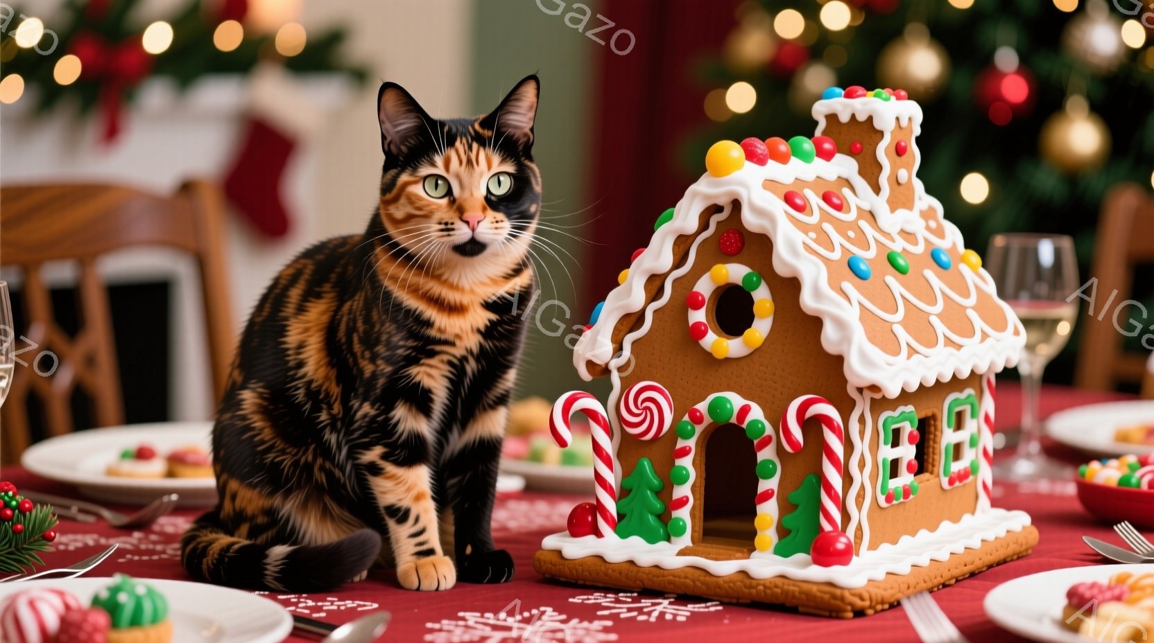 暖炉のある室内で、茶色のしま模様の猫がクリスマスのジンジャーブレッドハウスの横に座っています。猫は正面を見て、少し好奇心旺盛な表情を浮かべています。背景にはぼやけたクリスマスツリーの光があり、赤いテー - AI生成フリー素材