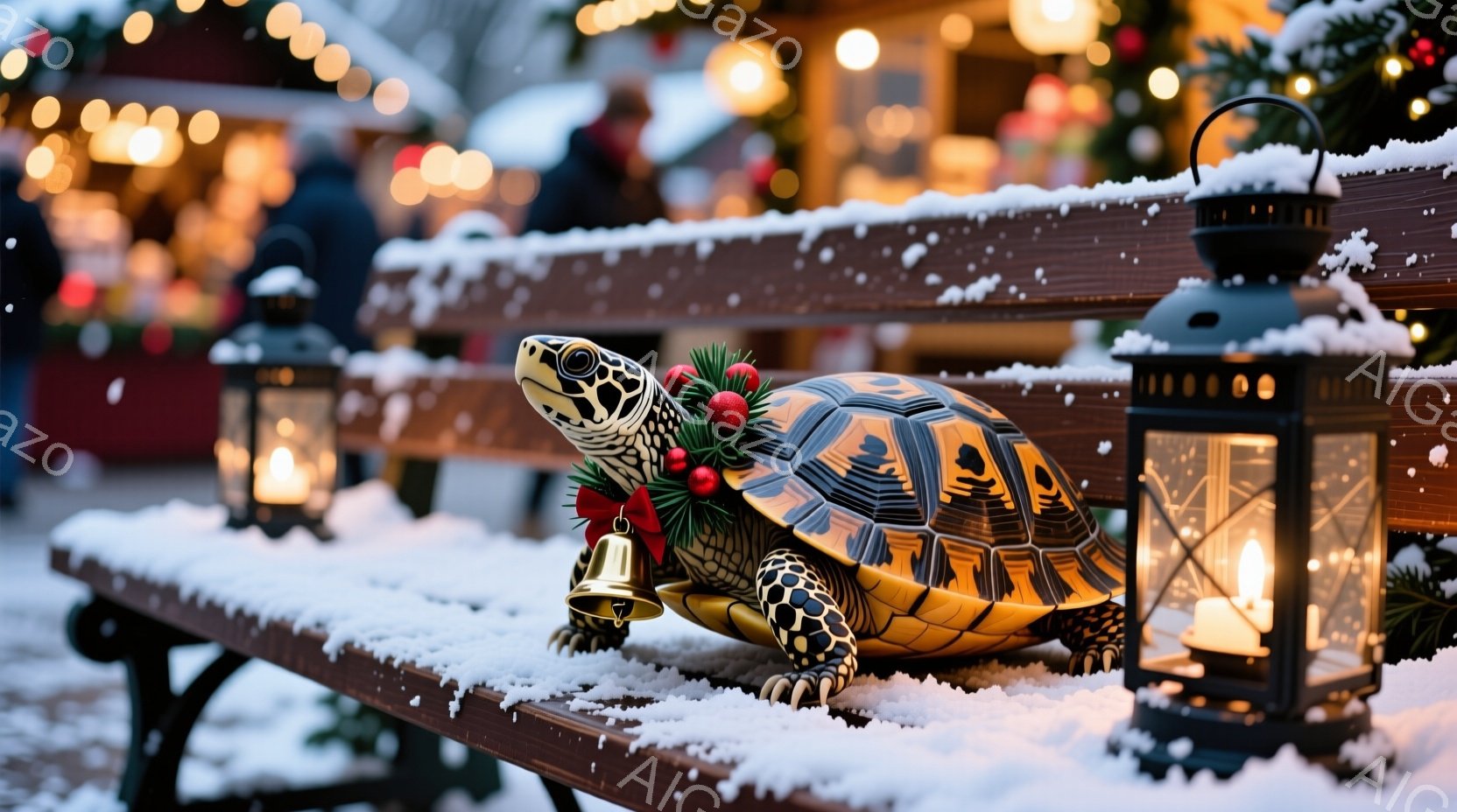 暖かい光が灯るランタンに囲まれ、木製のベンチに装飾を施されたカメが佇んでいます。背景にはぼやけた人影やクリスマスツリーの明かりが見え、雪が舞う冬の夜の様子が伺えます。全体的に温かく幻想的な雰囲気で、ホリデーシーズンの静けさと美しさが表現されています。