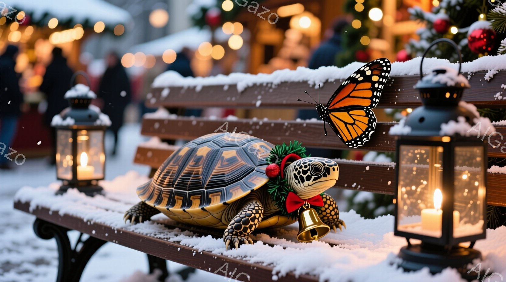 クリスマス市場の様子を表しています。中央には、カエルが乗っているフェンチがあります。カエルはクリスマス装飾で飾られており、背景には灯りや市場の建物が見えます。雪が地面に落ちていることから、冬期の様子です。氷のようなものが周囲に散らばっており、市場の雰囲気は楽しく温かいものです。