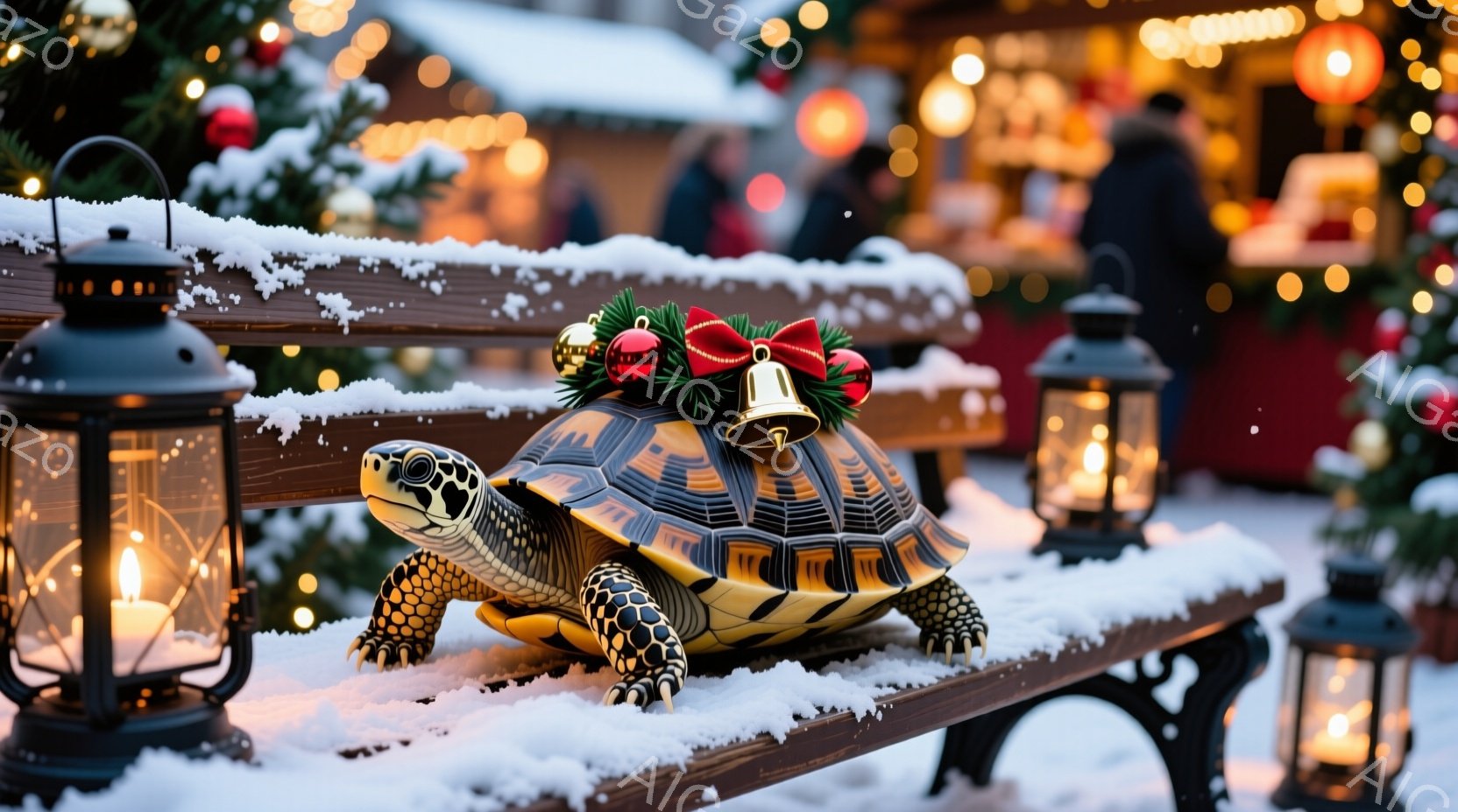 雪が降り積もるベンチに、クリスマスリースを首に巻いた大きな亀が座っています。背景にはぼやけたクリスマスマーケットの賑わいが見え、温かい光が灯るランタンが亀の周りを囲んでいます。全体的に、幻想的で穏やか - AI生成フリー素材