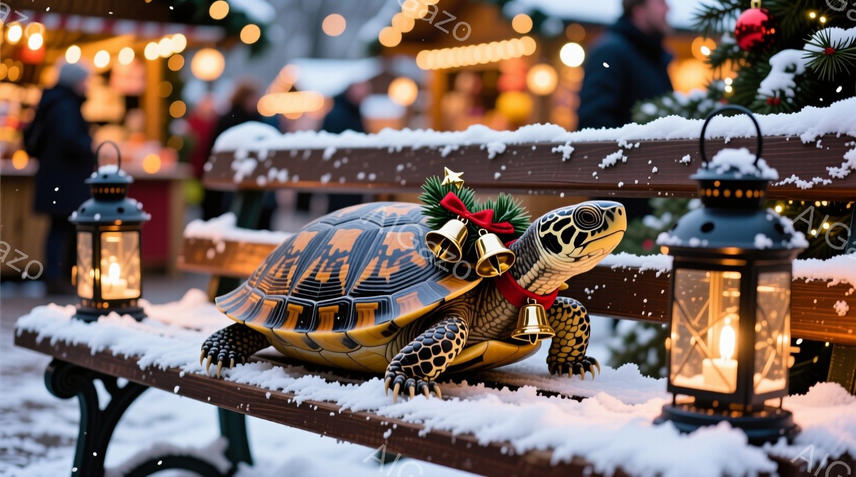 暖炉のような光が灯る木製のベンチに、赤いリボンと鈴、そして葉っぱの飾りをつけた大きな亀が座っています。背景にはぼやけた人影と、クリスマスの装飾がされた建物が見え、雪が舞っている様子から冬の暖かい雰囲気が伝わってきます。全体的に、おとぎ話のような、ファンタジーの世界を切り取ったような印象を与えます。