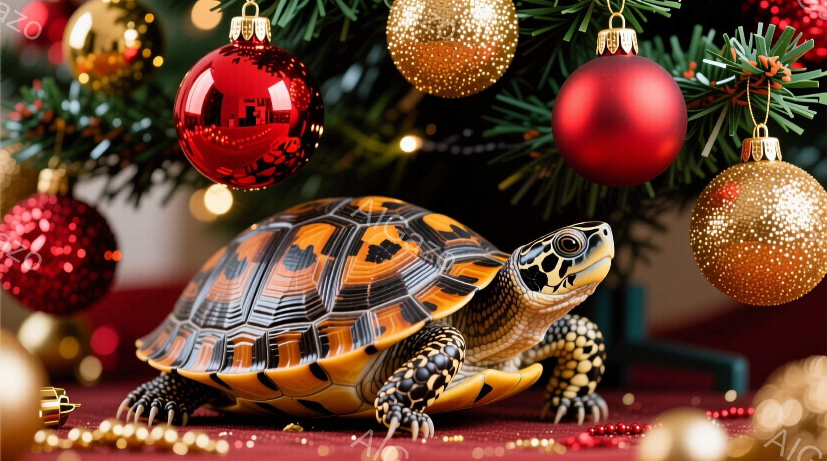 クリスマスツリーの装飾に囲まれたカメが写っています。カメは茶色と黄色の模様が入った甲羅を持ち、鋭い眼差しで正面を見つめています。背景には緑色の葉と金色のオーナメントがぼやけており、華やかで少し神秘的な雰囲気を醸し出しています。