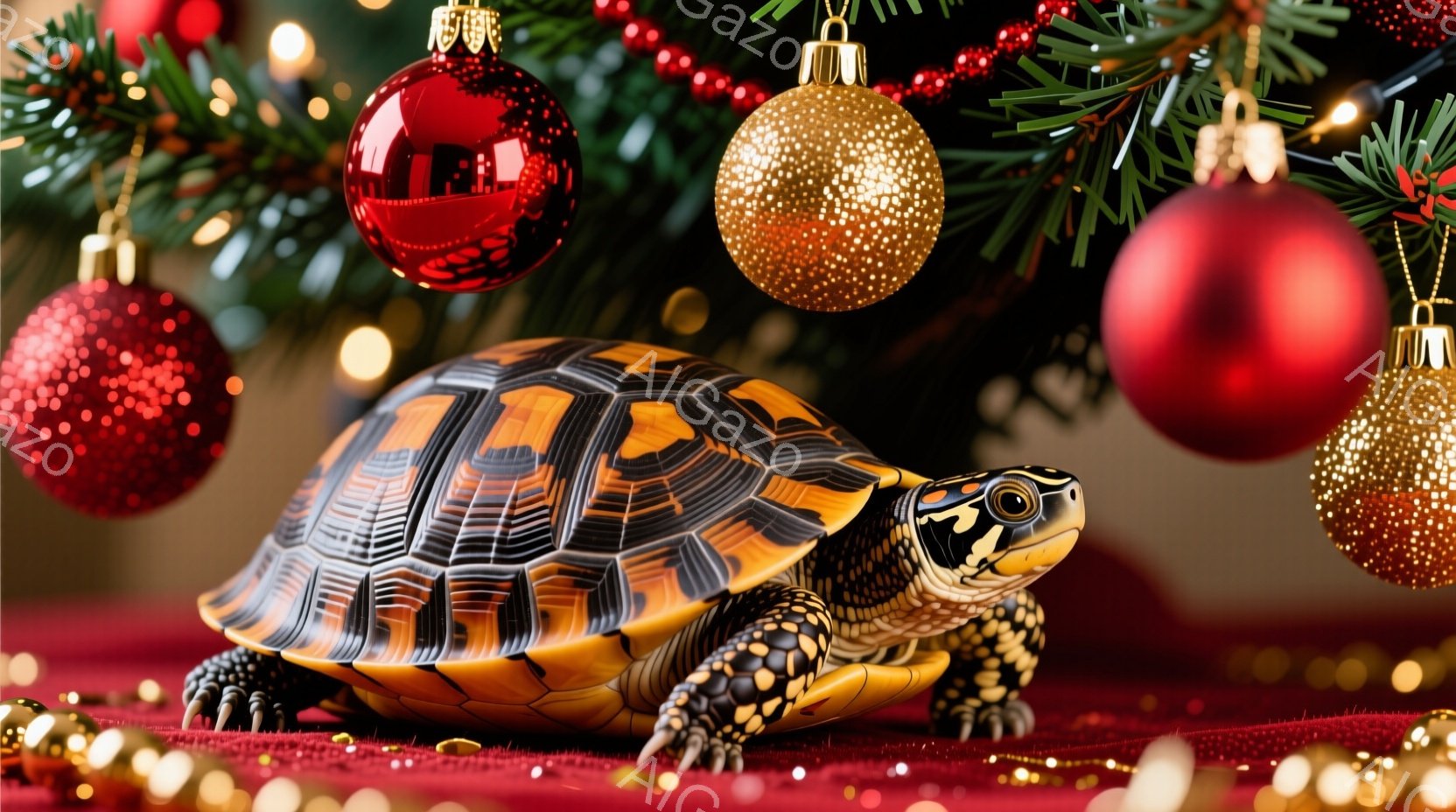 鮮やかな赤い背景に、美しい模様の亀が正面を向いて立っています。周りには金や赤のクリスマスオーナメントが飾られ、背景には緑色のクリスマスツリーの枝が見えます。全体的に華やかで、お祝いの雰囲気が漂っています。
