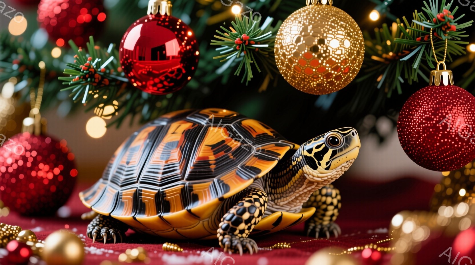 絵画には、中心に赤と黄色の玉が装飾されたクリスマスツリーがあります。その下には、左向きに進む黄と黒のタガイが座っています。タガイは穏やかな表情でお腹を出し、胴を起こした姿勢で写真に立ち現れます。背景は暗い色であり、逆光が使われているため、タガイの反射を見えるようになっています。全体として、甘く切ない気分を持つクリスマスのシーンを表現しています。