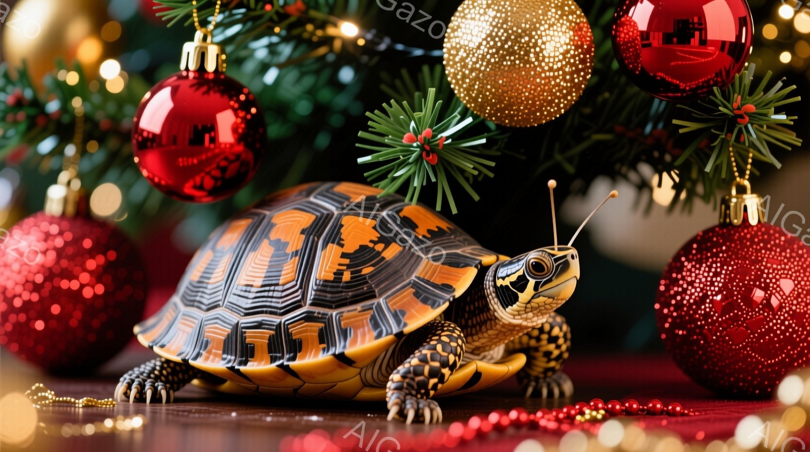 一匹のカメが、クリスマスツリーの装飾が背景にぼやけている赤いテーブルの上に立っています。カメは鮮やかなオレンジと茶色の模様の殻を持ち、前足を伸ばして立っています。背景には、輝くオーナメントと緑の葉が散りばめられ、暖かくお祝いの雰囲気を作り出しています。