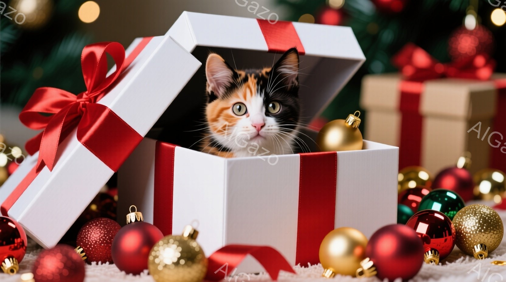 白いギフトボックスにオレンジ、黒、白の毛並みを持つ子猫が顔を出しています。周りには赤、金、緑のクリスマスオーナメントが散らばり、背景にはぼやけたクリスマスツリーが見えます。全体的に、暖かく、遊び心にあ - AI生成フリー素材