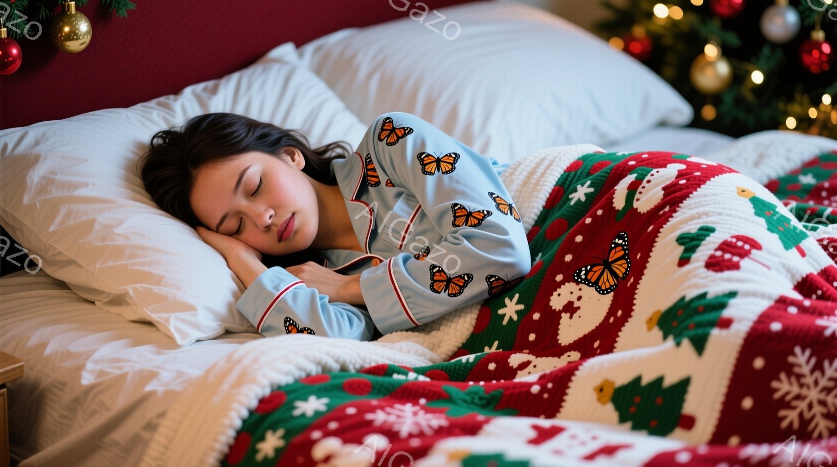 蝶の柄が入った淡い水色のパジャマを着た女性が、白い枕の上で横向きに眠っています。彼女は長い黒髪をそのままにしており、穏やかな表情をしています。背景には、クリスマスツリーの飾りと赤い毛布が見え、暖かく穏 - AI生成フリー素材