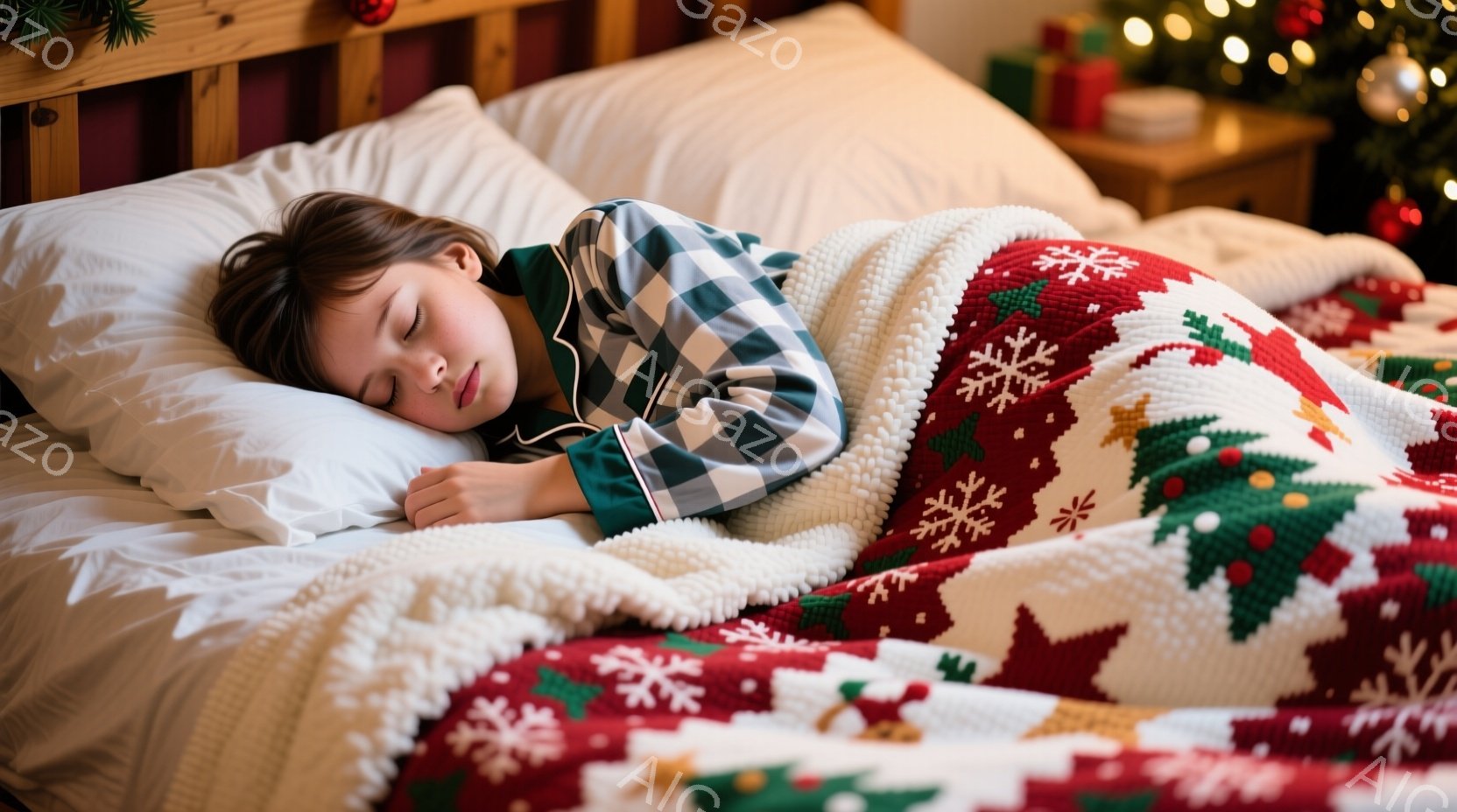 女の子はベッドの上で眠っており、チェック柄のパジャマを着ています。彼女は枕に頭を預け、リラックスした表情をしています。背景にはクリスマスツリーがぼんやりと見え、赤い模様のブランケットが暖かく包み込むよ - AI生成フリー素材