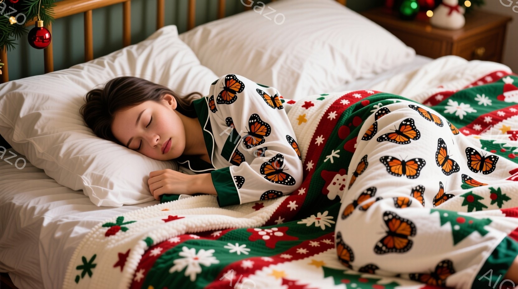 ベッドの上で眠っている女性が写っています。彼女はオレンジ色の蝶がプリントされた白いパジャマを着ており、長い黒髪が枕の上に広がっています。背景にはクリスマスツリーの飾りが見え、赤いパッチワークのブランケ - AI生成フリー素材