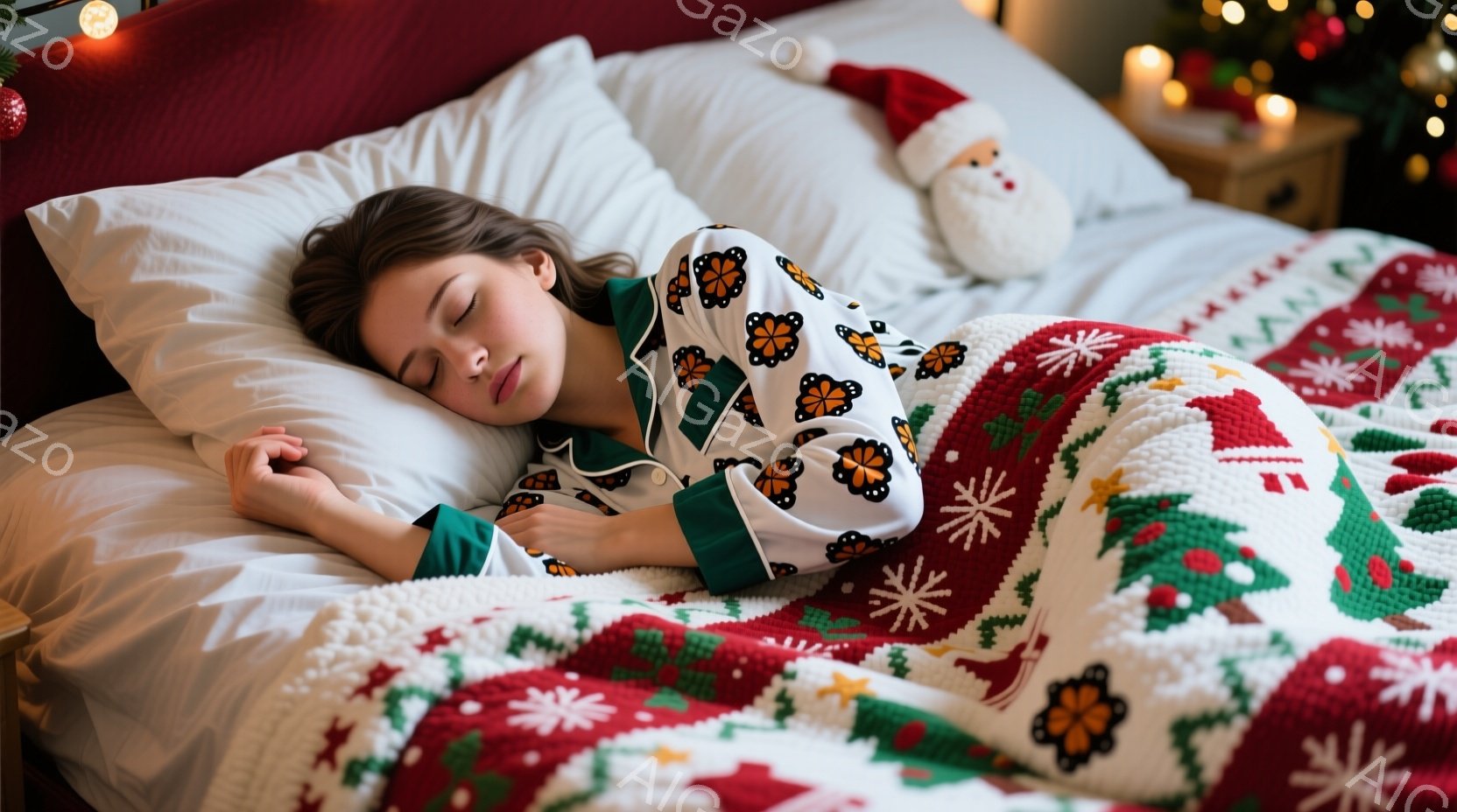 暖炉のあるベッドで、蝶の柄が入ったパジャマを着た女性が眠っている。彼女は目を閉じ、穏やかな表情で横たわり、白いフリースのようなキルトに身を包んでいる。背景にはクリスマスツリーや装飾がぼやけて見え、暖か - AI生成フリー素材