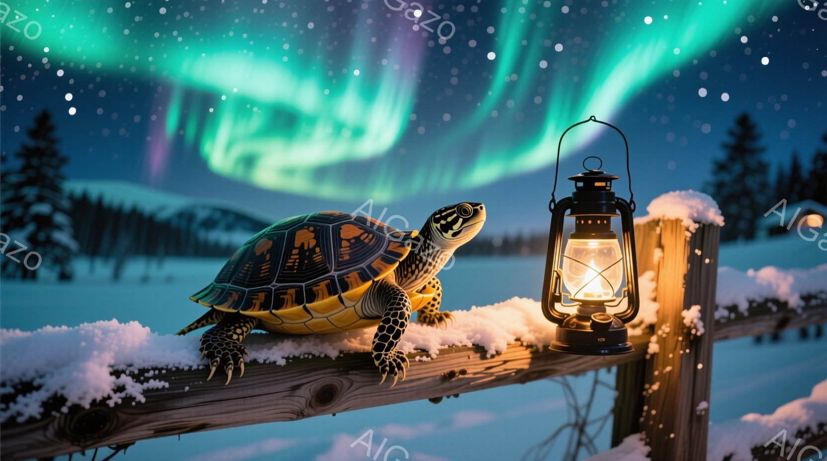 雪に覆われた柵の上に、美しい模様の甲羅を持つカメが座っています。背景には暗い森と、幻想的なオーロラが夜空に広がり、温かい光を放つランタンがカメの隣に置かれています。全体的に、静かで神秘的、そして冬の夜の温かさを感じさせる雰囲気です。