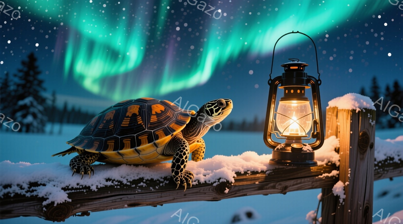 雪に覆われた柵の上で、模様の美しい亀が前足を伸ばして座っている。背景には針葉樹林が広がり、夜空にはオーロラが幻想的に輝いている。暖かく光るランタンが亀の横に置かれ、静かで神秘的な冬の夜の雰囲気を醸し出 - AI生成フリー素材