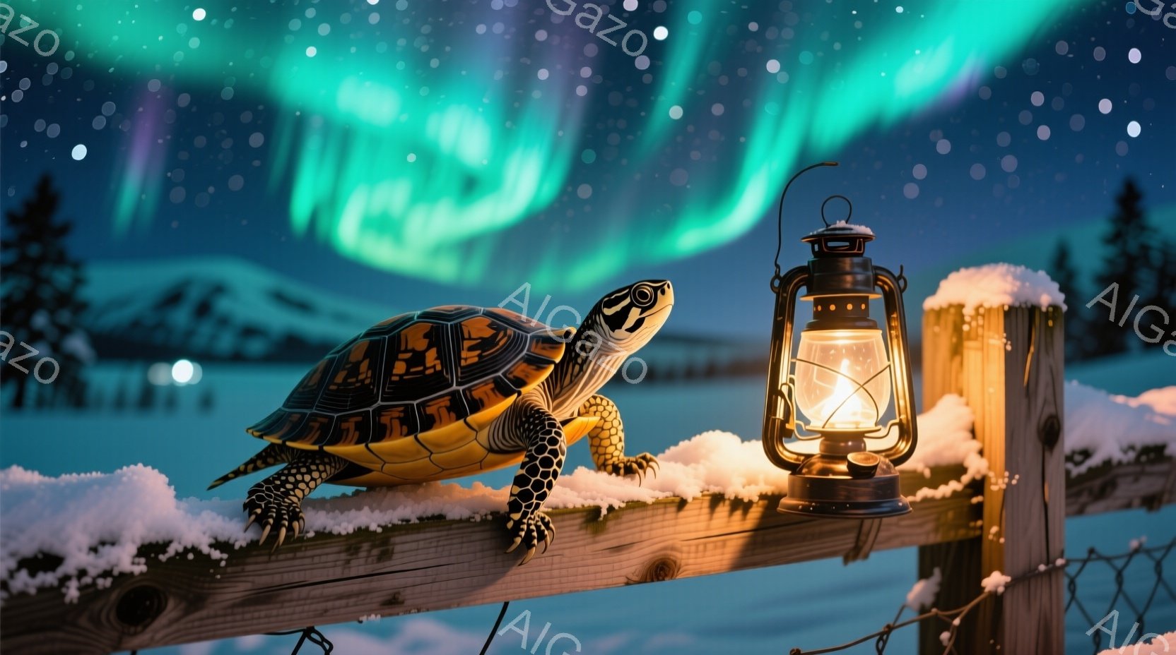 雪に覆われた木製の柵の上に、甲羅に美しい模様のあるカメが立っている。背後には夜空が広がり、オーロラが輝き、遠くには雪山が連なっている。古いランタンが柵に置かれ、温かい光を放ち、冬の静かで幻想的な雰囲気を醸し出している。