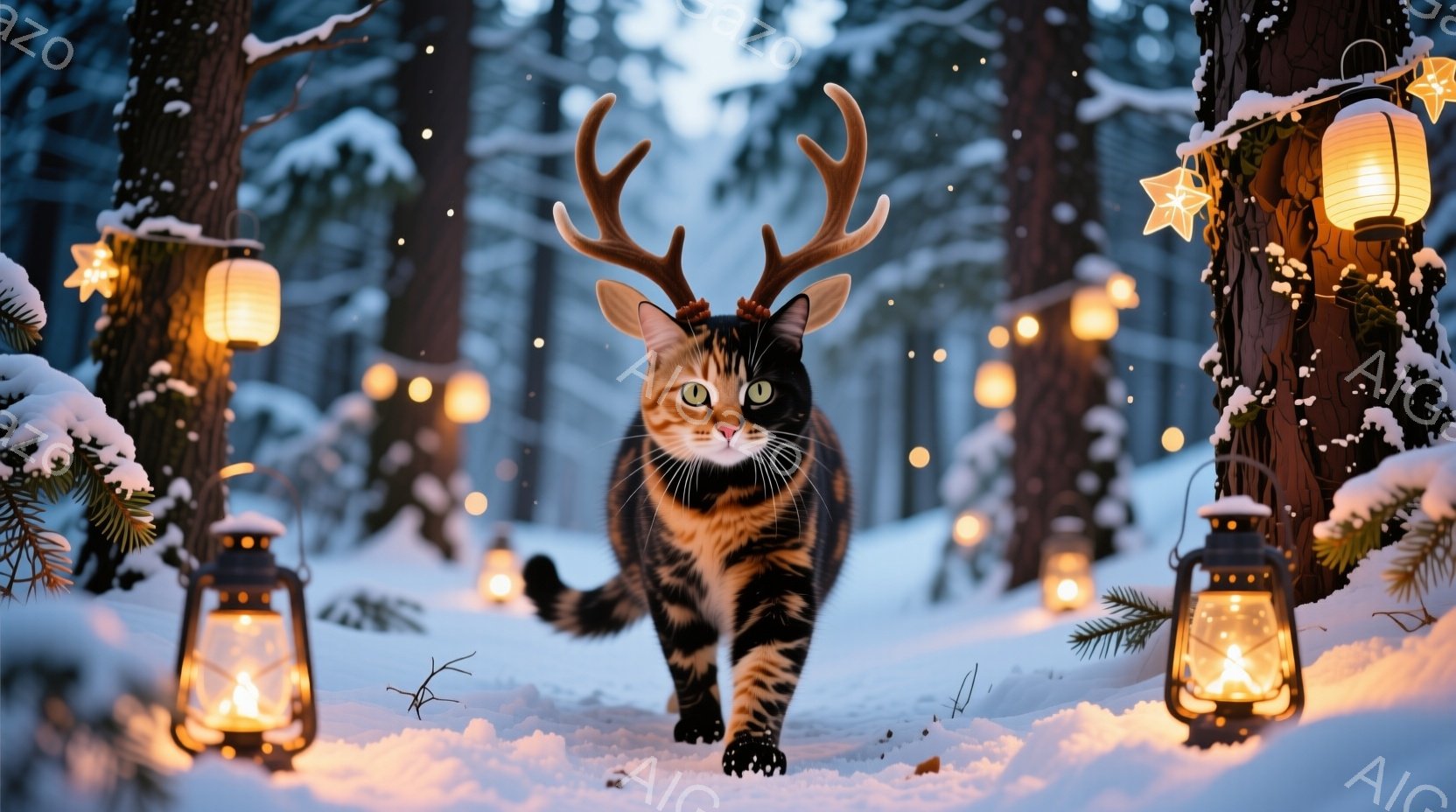 茶色と黒の縞模様の猫が、角のようなものを頭につけて雪の中を歩いている。背景には、点灯したランタンや星型の装飾が飾られた木々が生い茂り、冬の暖かく幻想的な雰囲気を醸し出している。雪は降り積もり、全体的に - AI生成フリー素材