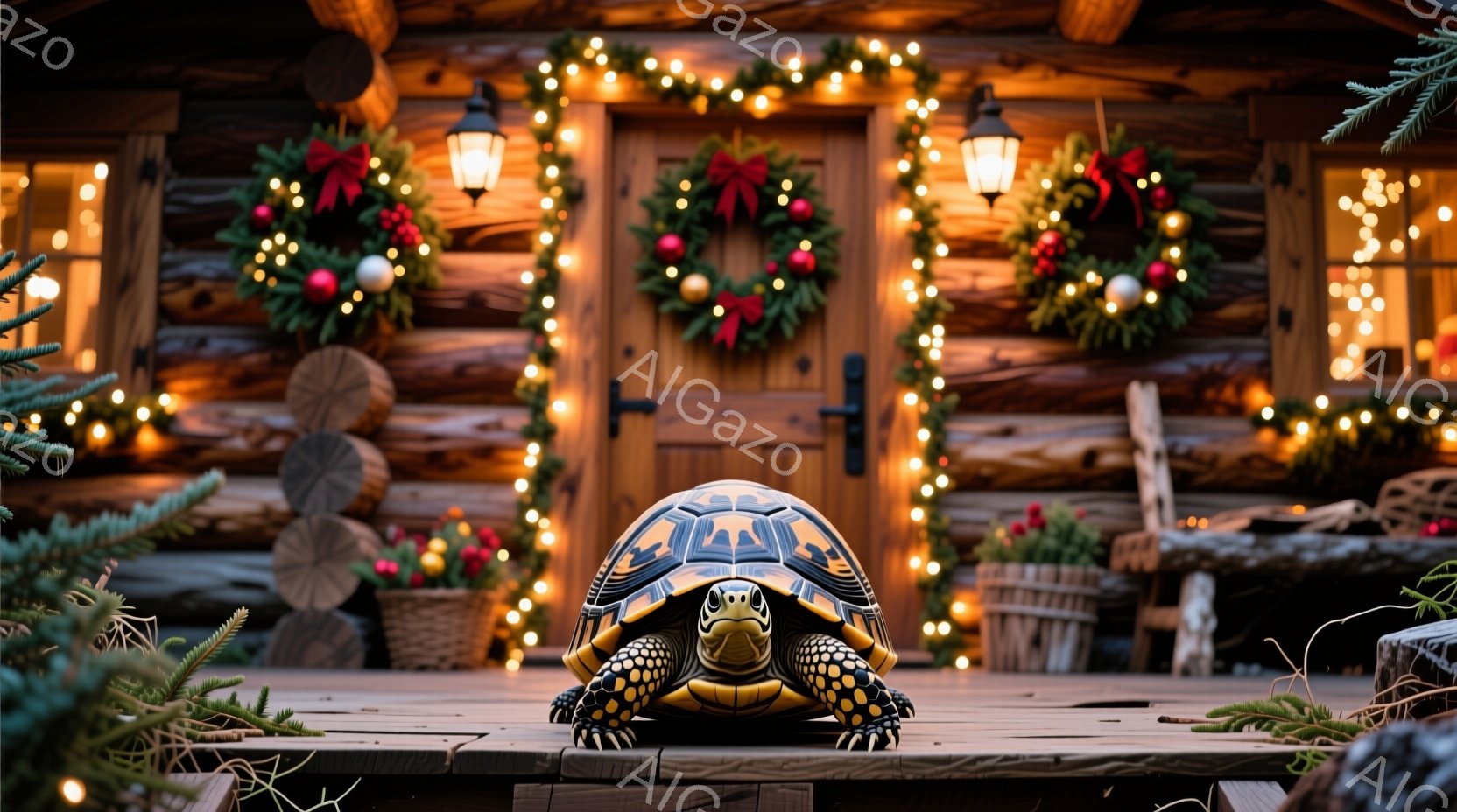ログハウスの玄関が、クリスマス装飾で華やかに彩られています。ドアには赤い実と葉っぱのリースが飾られ、全体が温かい色のイルミネーションで包まれています。玄関の前にいる亀は、木製の板の上に座り、前方を静かに見つめており、冬の暖炉の温かさと静けさを感じさせます。