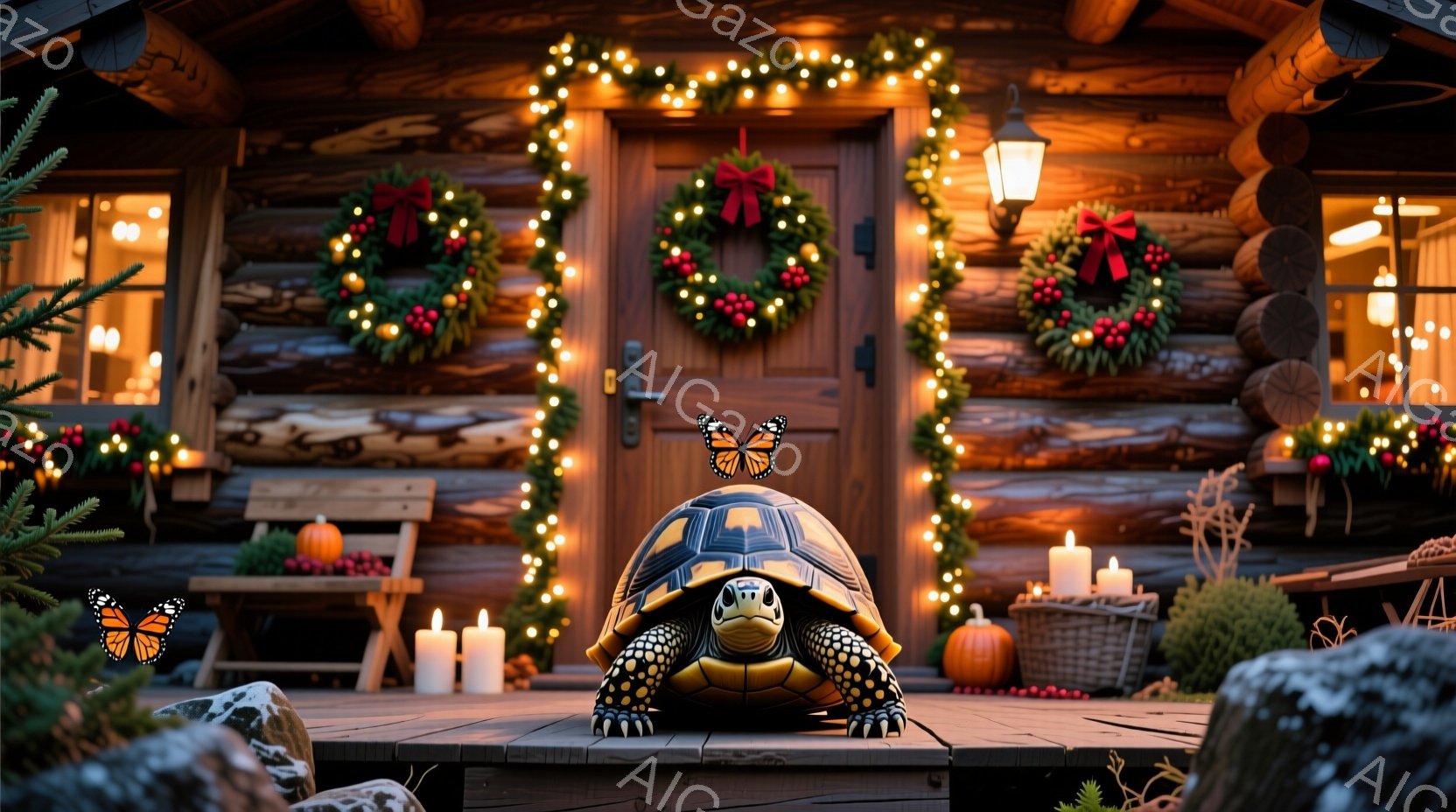 温かい光に包まれた木造の家のポーチに、大きな亀が佇んでいます。クリスマスの飾り付けが施された玄関と、周囲に置かれたカボチャやキャンドルが、穏やかで祝祭的な雰囲気を醸し出しています。特に亀の頭上に舞う鮮やかな蝶が、その愛らしさを一層引き立てています。