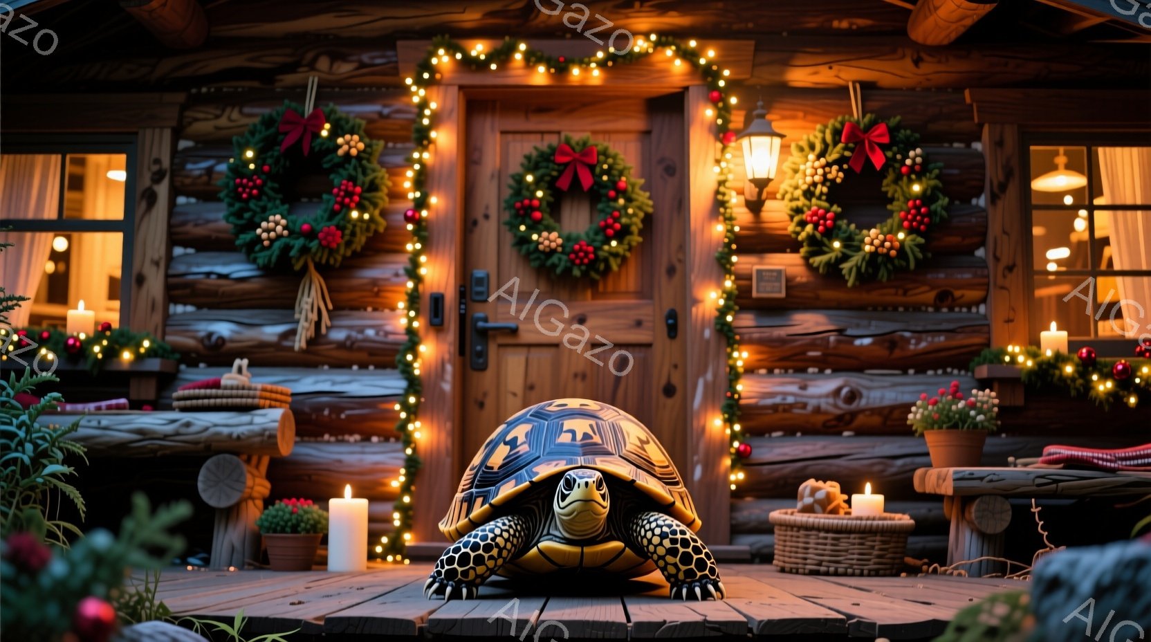温かい光に包まれた木製の家のポーチに、大きなリクガメが佇んでいます。家の周りはクリスマスガーランドとイルミネーションで飾られ、キャンドルが灯り、冬の暖かい雰囲気を醸し出しています。リクガメは前方をまっすぐ見つめ、落ち着いた表情で、静かな冬の夜の風景の中に溶け込んでいます。
