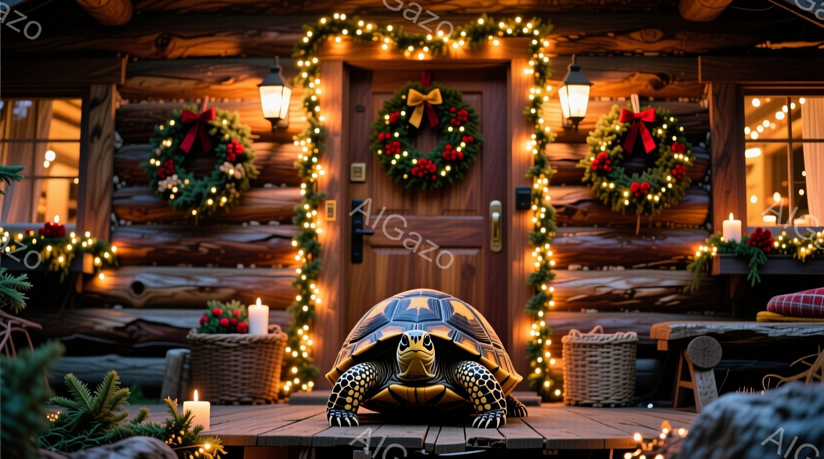 ログハウスの玄関前に大きなリクガメが立っている。玄関はクリスマス装飾で飾られており、赤い実のついたリース、電飾、キャンドルが暖かく輝いている。全体的に、冬の温かくお祝いの雰囲気を感じさせる、可愛らしい光景である。