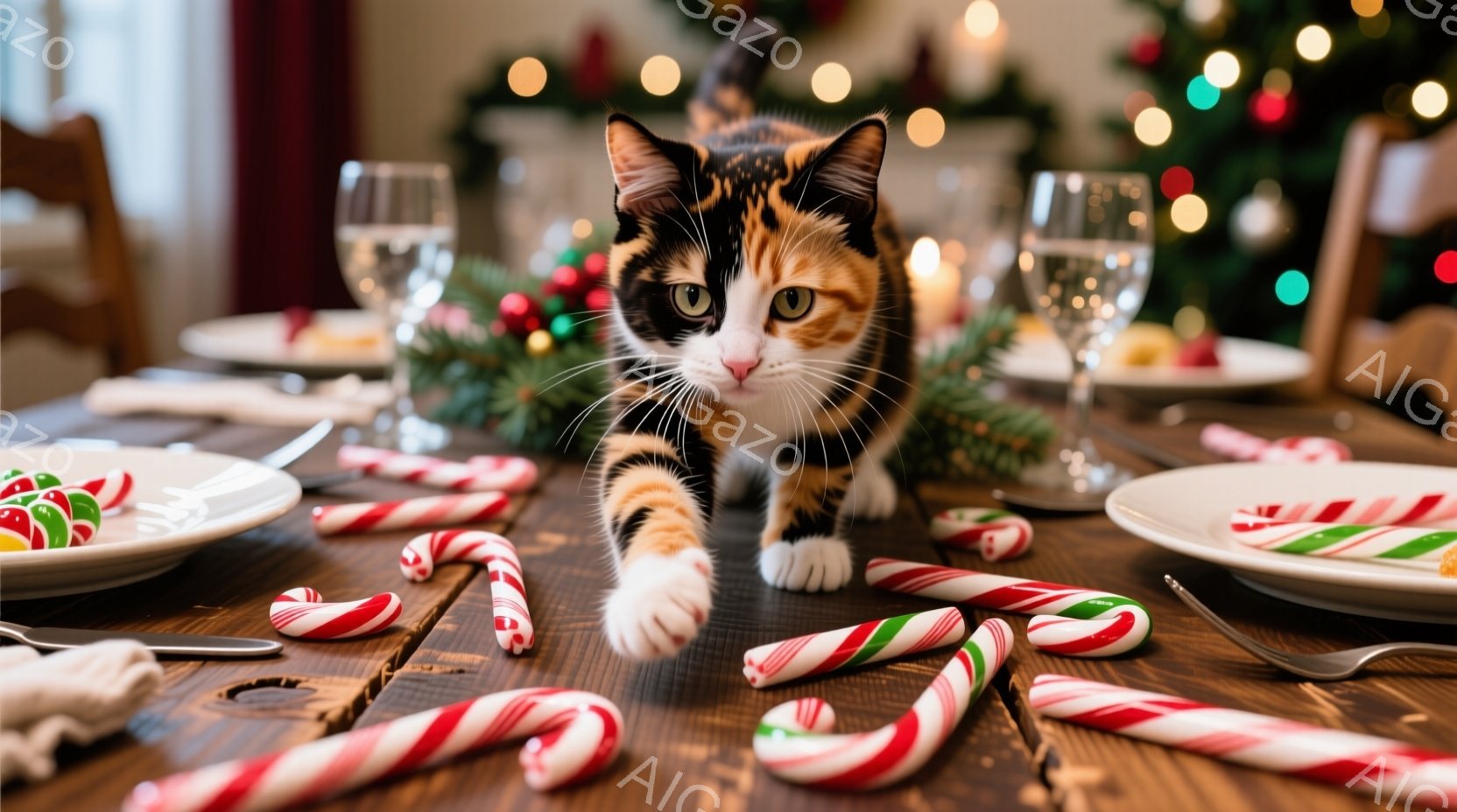茶色、黒、白の模様の猫が、クリスマスらしい食卓の上を歩いています。テーブルにはキャンディケーンやデザートが散らばっており、背景にはぼやけたクリスマスツリーの光が見えます。暖かく、遊び心のある、お祭りの雰囲気が漂っています。