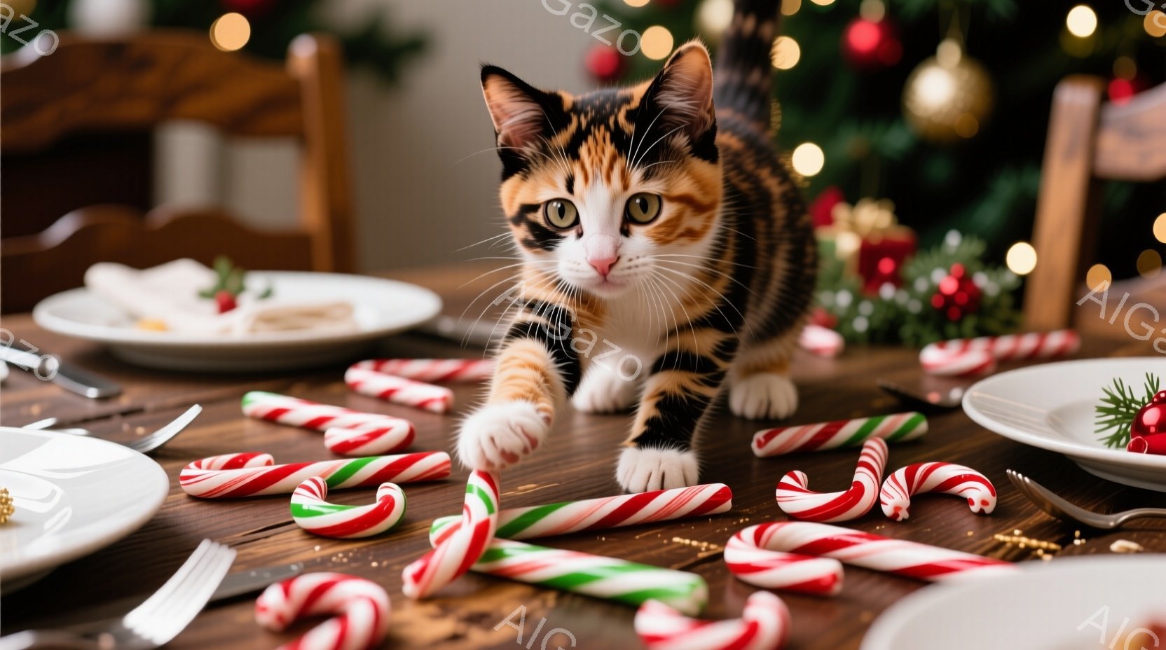 暖炉とクリスマスツリーがぼやけて見える室内で、テーブルの上に三毛猫がいます。猫は前足を伸ばし、テーブルに散らばったキャンディケーンを触ろうとしており、好奇心旺盛な表情をしています。テーブルには食器類が - AI生成フリー素材