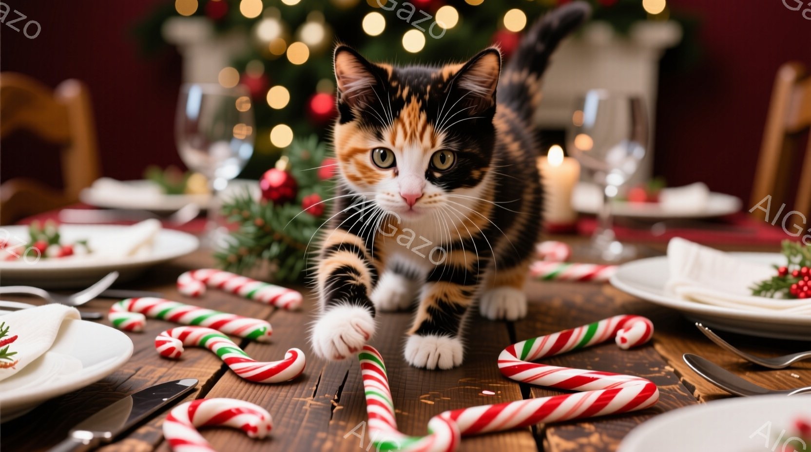 茶色、黒、白のまだら模様の小さな子猫が、クリスマスのお祝いの準備がされたテーブルの上を歩いています。テーブルにはキャンディケーンや銀食器が散らばり、背景にはぼやけたクリスマスツリーの光が見えます。暖か - AI生成フリー素材