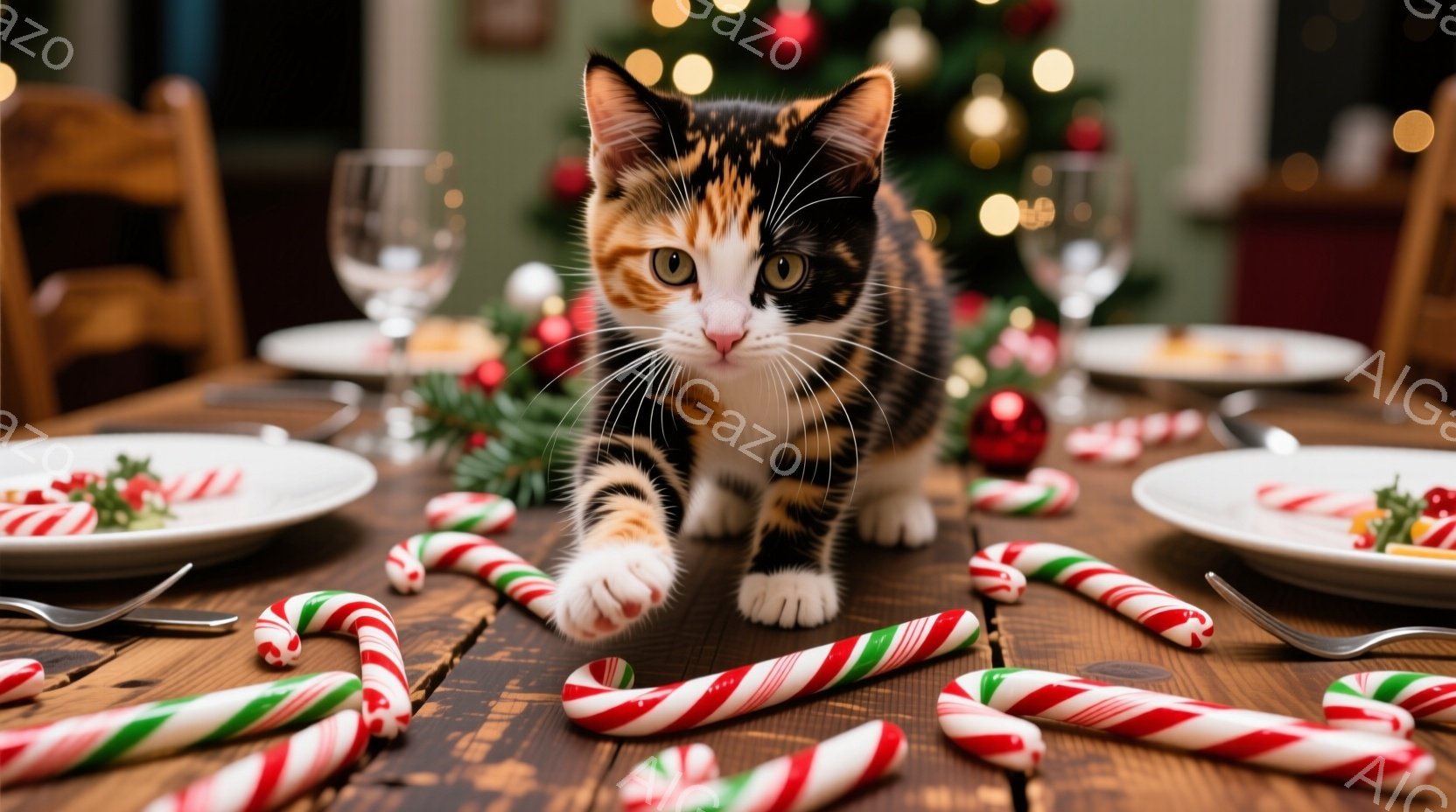 テーブルの上には、クリスマスのキャンディケーンが散らばり、その手前に白と黒とオレンジのまだら模様の猫が、前足を伸ばして歩き出そうとしています。背景には、ぼやけたクリスマスツリーの光が輝き、温かく、お祝 - AI生成フリー素材