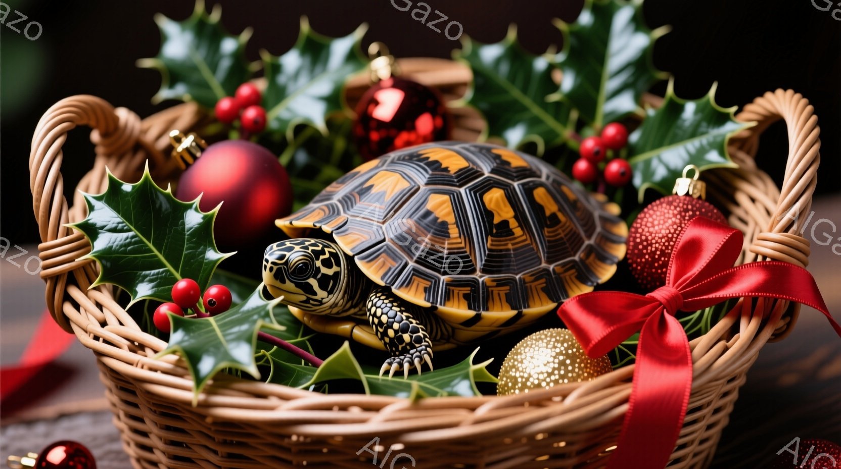 籠の中に、小さな甲羅の美しいカメがいます。周りには赤い実のついた葉や、赤い、金色のクリスマスオーナメントが飾られており、赤いリボンがカメの背中に結ばれています。全体的に温かく、お祝いの雰囲気が漂う、可愛らしい光景です。
