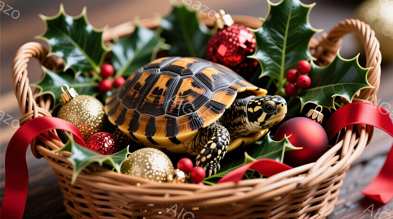 籠の中に小さな亀がおり、周囲には赤い実のついた緑の葉とキラキラした金色のオーナメントが飾られています。 亀は正面を見据え、落ち着いた表情で、まるでクリスマスのお祝いに参加しているかのようです。 籠は茶色で、背景は木製のテーブルのようであり、全体的に温かく、お祝いムードの漂う雰囲気です。