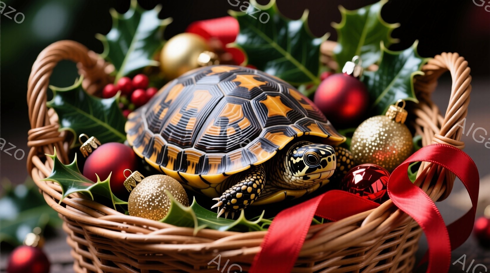 人物は見当たらず、陸地上に生息する昆虫（タマネギ）がバスケットの中にあります。バスケットは、クリスマスツリーの葉とボウで装飾されており、赤いリードや金色のボールデコレーションが添えられています。昆虫の表情は平和的で、それは一般的なタマネギのように見受けられる模様と色を示しています。背景は細かく写ったもので、調べられないものが多い。全体的に、クリスマス印象を持ち、昆虫が花や装飾品と一緒になるというユニークで可愛らしい雰囲気を提供しています。