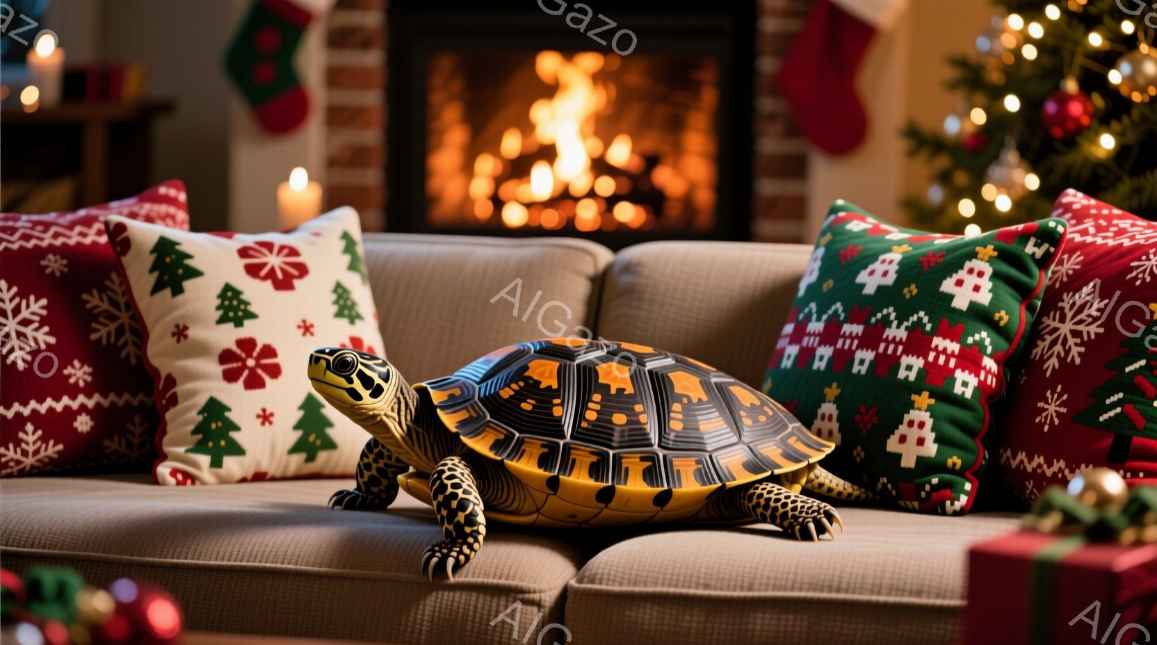 ソファの上には甲羅に美しい模様がある亀が歩いている。背景にはクリスマスツリーと暖炉があり、クリスマスの飾り付けが施されたクッションが置かれている。暖炉の炎とツリーの光が暖かく、居心地の良いクリスマスの雰囲気を醸し出している。