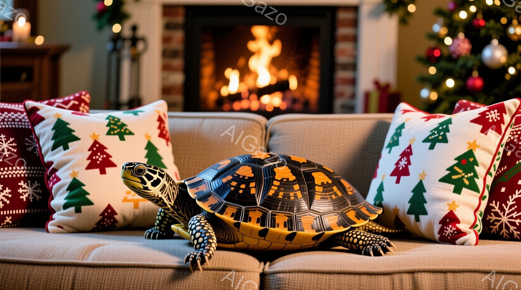 ソファに甲羅を持つリクガメが座っており、クリスマスツリーと暖炉が背景に見えます。クッションは赤と白のクリスマス柄で、温かみのある照明が室内を照らしています。全体的に、冬のホリデーシーズンを連想させる、居心地の良い雰囲気です。