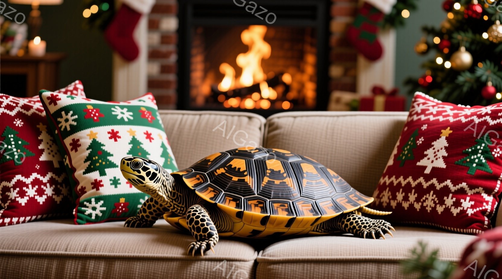 ソファに甲羅を持つリクガメが落ち着いて座っており、その甲羅は複雑な模様で彩られています。背景にはクリスマスツリーや暖炉が見え、赤いクリスマス柄のクッションがリクガメの周りを彩り、温かく、お祝いムードに満ちた室内が描かれています。暖炉の炎が暖かく光を放ち、リラックスした、祝祭的な雰囲気を醸し出しています。