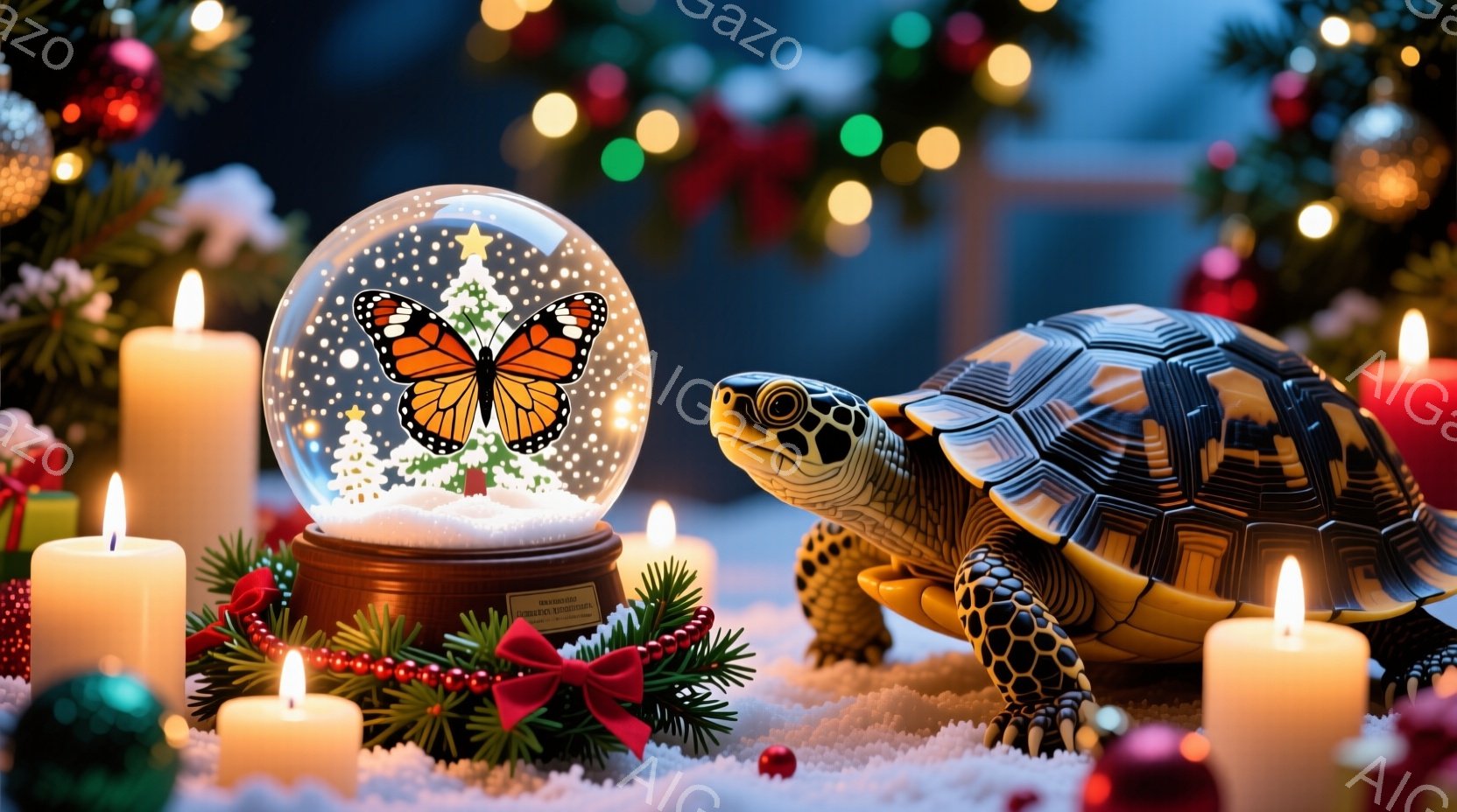 クリスマステーマを持つもので、中央に描かれたジャンボグラスが特徴です。その中には雪の下に活動しているカメレオンが描かれており、周りには照明が点在するとともに、クリスマス装飾がしっかりと使われています。 人物の服装、髪型、表情などは一切描かれておらず、画像は動物を主眼に置いています。背景は静かで環境的なものとして、雪の下にカメレオンが行進するような場所が想像されます。全体として、クリスマススピリットが感じられる画像です。