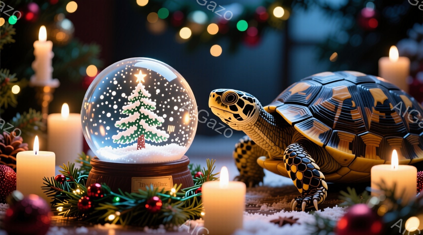 雪の結晶のような背景に、クリスマスツリーが飾られたスノーグローブが置かれています。その隣には、まるでクリスマスを楽しむかのように、可愛らしい亀が寄り添っています。背景には、輝くイルミネーションと赤い実 - AI生成フリー素材
