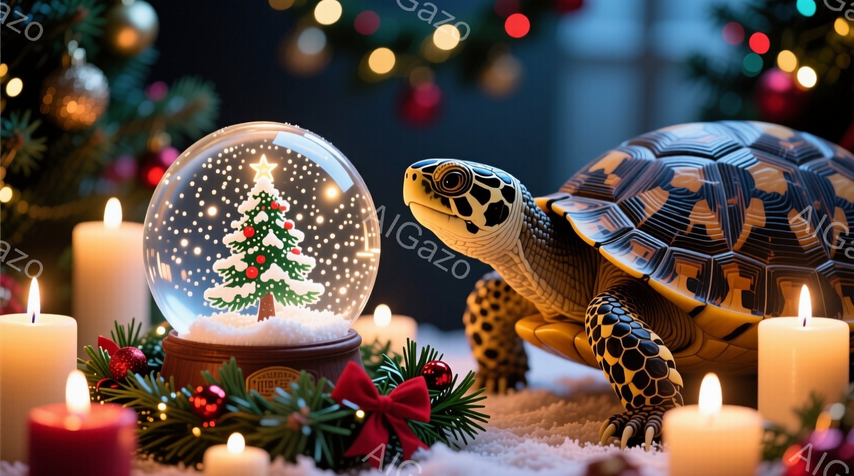 雪が降るような白い背景の上に、クリスマスツリーが入ったスノーグローブと、それを見つめる甲羅の美しい亀が描かれています。周りにはキャンドルや赤い実のついた飾りがあり、暖かく幻想的なクリスマスの雰囲気を醸し出しています。亀の表情は穏やかで、クリスマスの魔法に魅せられているかのようです。