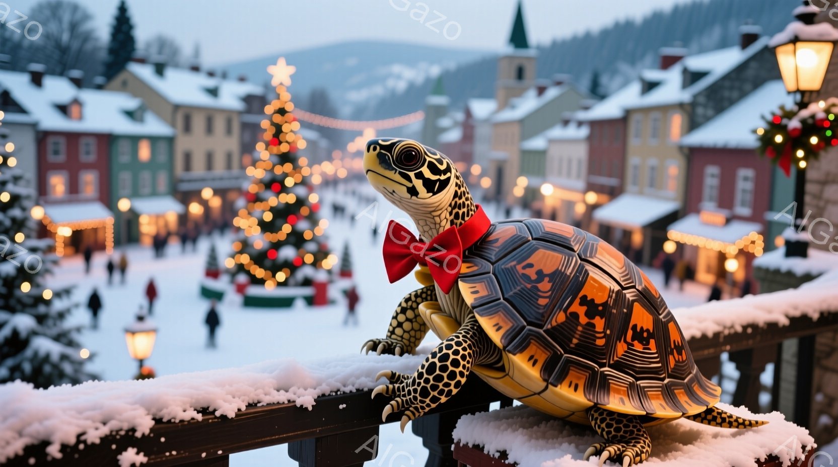 雪に覆われた柵の上に、装飾された赤いリボンを首に巻いた大きな亀が座っています。背景には、クリスマスツリーやライトアップされた建物が並ぶ、冬の街並みが広がっています。暖かく幻想的な雰囲気で、祝祭の準備が - AI生成フリー素材