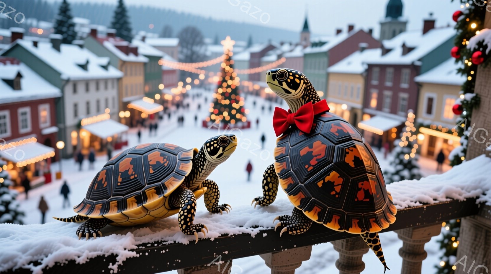雪が降り積もる街並みを背景に、2匹の大きなリクガメが手すりに並んで座っています。一匹は赤いリボンをつけており、もう一匹はシンプルな外見で、リクガメたちは互いに少し顔を寄せ合っているようです。背景には、クリスマスツリーが飾られた賑やかな街並みが広がり、暖かい光が雪景色に彩りを添えています。