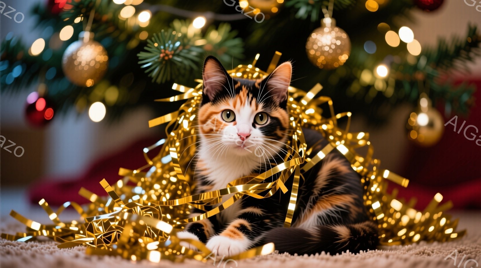 白、黒、オレンジ色のまだら模様の猫が、金色のガーランドに囲まれて床に丸まって横たわっています。猫は緑色の目を輝かせ、リラックスした表情を浮かべています。背景には、ぼやけたクリスマスツリーとキラキラと光る電飾が見え、お祝いムードを醸し出しています。