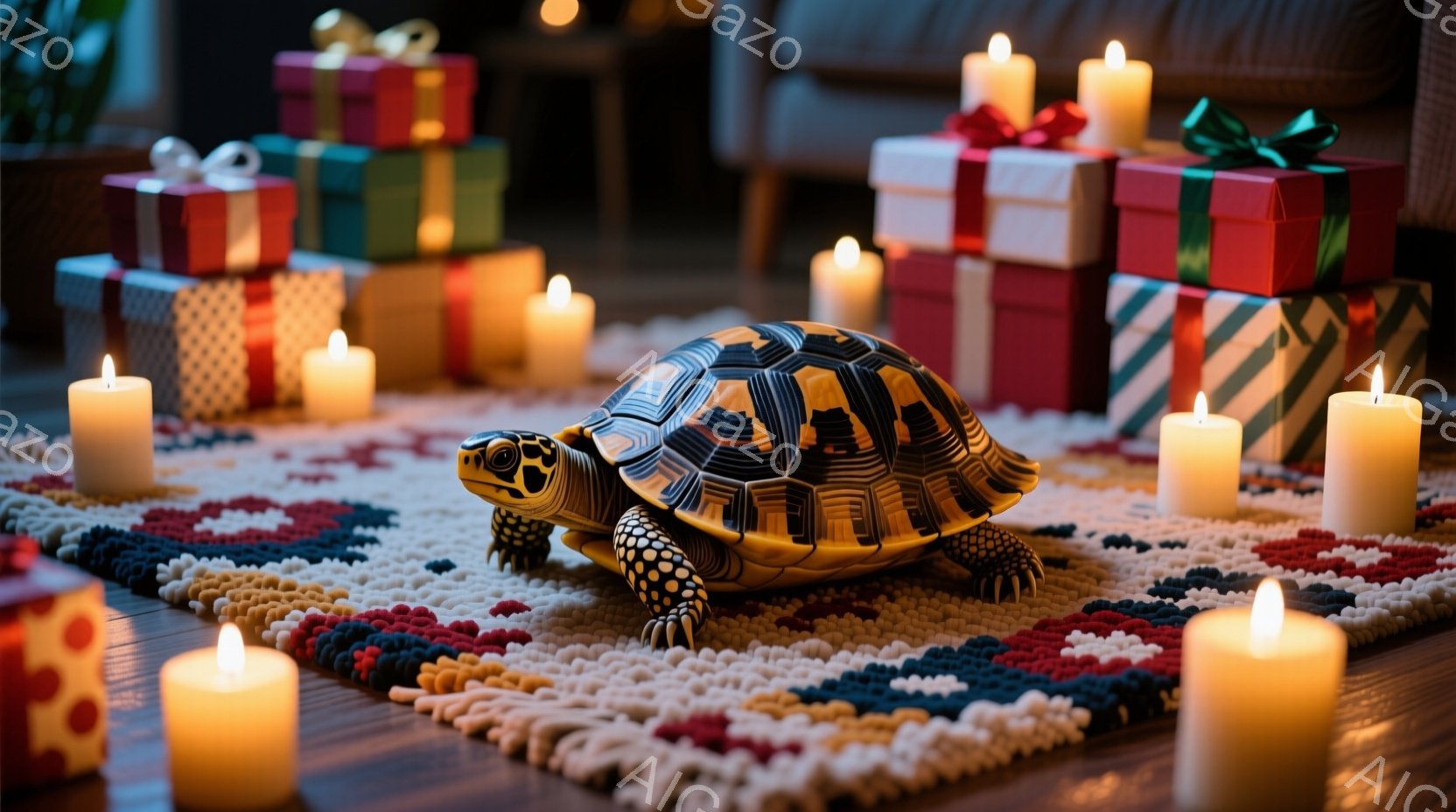 暖炉のそばの床に、ラッピングされたプレゼントの山と複数の光るキャンドルが並んでいます。床にはカラフルな手編みのラグが敷かれており、その中央には甲羅に美しい模様が描かれた大きなリクガメが歩いています。 暖かく、お祝いの、そして穏やかな雰囲気が漂っています。