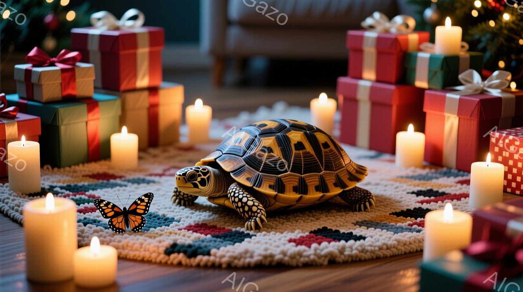 鮮やかなギフトボックスと点在するキャンドルに囲まれた甲羅に模様のあるカメが、円形のカラフルなラグの上を歩いている様子が写っている。背景には、ぼやけたソファやクリスマスの飾りが見え、暖かくお祝いムードに包まれている。カメの表情は穏やかで、まるで祝祭の雰囲気を楽しんでいるかのようだ。