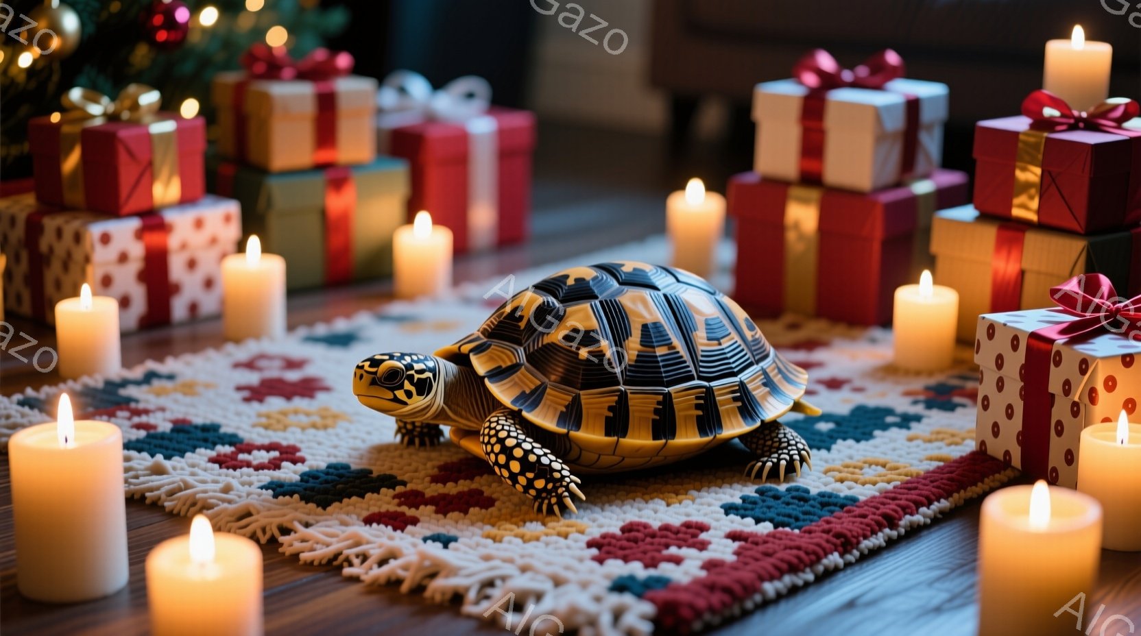 暖かい木製の床の上に、カラフルな模様のラグが敷かれ、その中央に甲羅に美しい模様が入ったカメが歩いている。周囲には数本の光るキャンドルと、赤色のリボンで結ばれたプレゼントの山が置かれ、冬のホリデースタイルの温かさと心地よさを感じさせる。キャンドルの光とカメの存在が、静かで平和な雰囲気を醸し出している。
