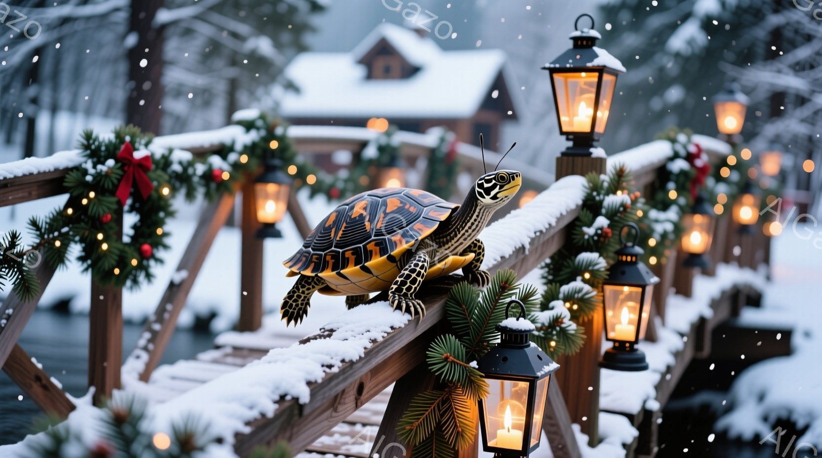 雪が降っているクリスマスの夜、木製の橋に黄色と黒のカエルが駆け上がっています。照明用の灯台が両側にあり、それを取り巻く景色は雪が降る中で広大な雪原と柔らかな山間部の視情報です。