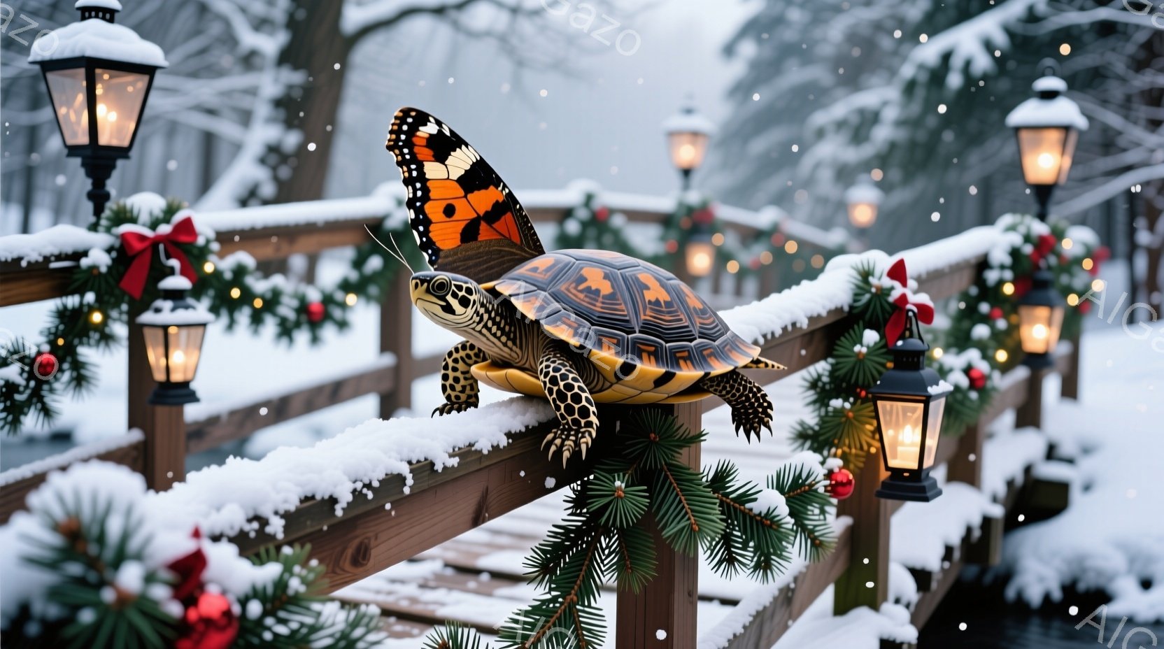 雪が舞う木製の橋の上に、甲羅に美しい模様を持つ亀が佇んでいます。橋の欄干にはクリスマスツリーの枝や赤いオーナメントが飾られ、周囲には雪が積もり、暖かみのある光を放つランタンが並んでいます。冬のクリスマスの静かで幻想的な雰囲気が漂う、温かい光景です。